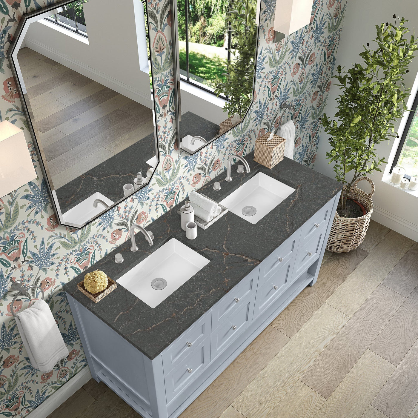 James Martin Breckenridge 60" Double Bathroom Vanity, Serenity Blue with Parisien Bleu countertop