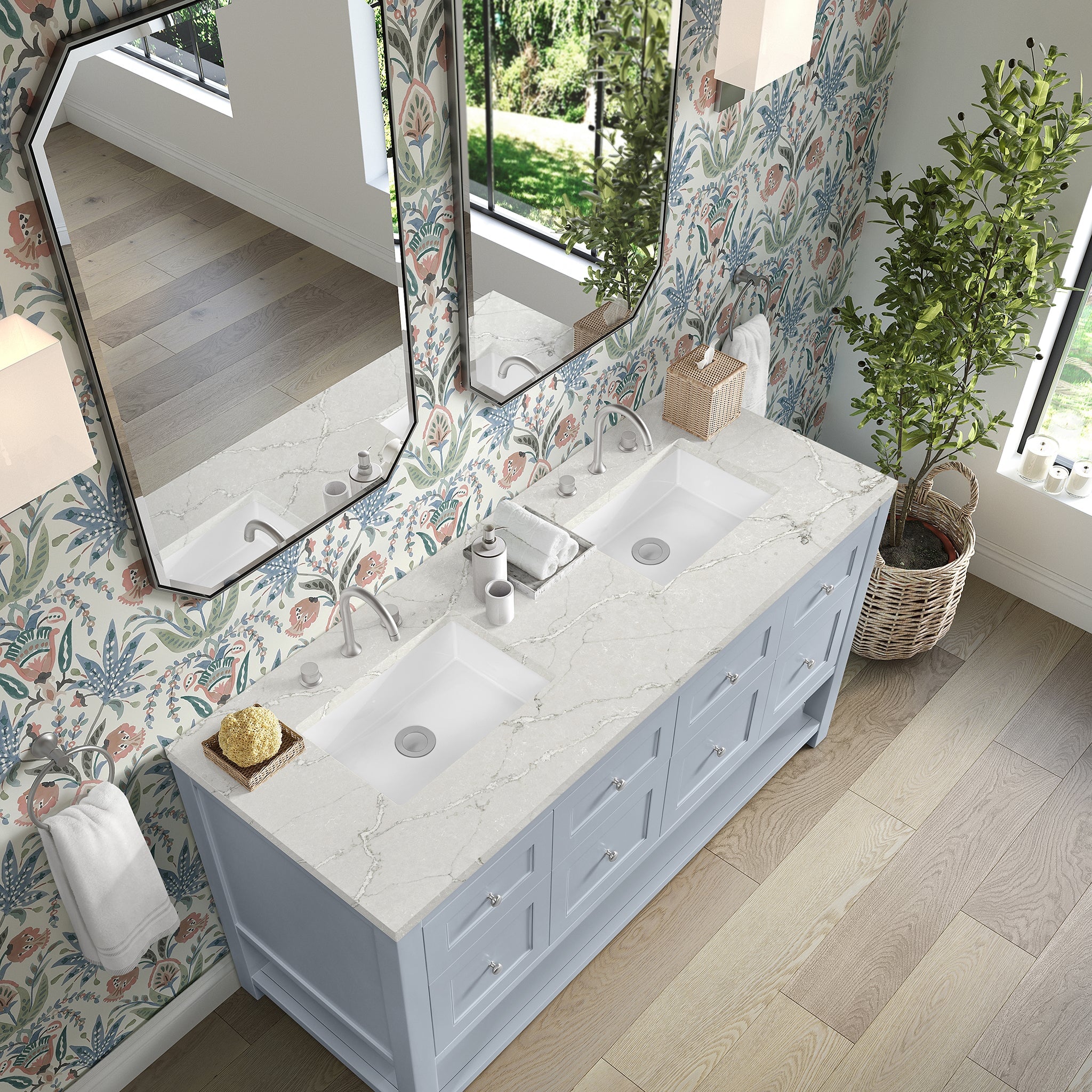 James Martin Breckenridge 60" Double Bathroom Vanity, Serenity Blue with Victorian Silver countertop