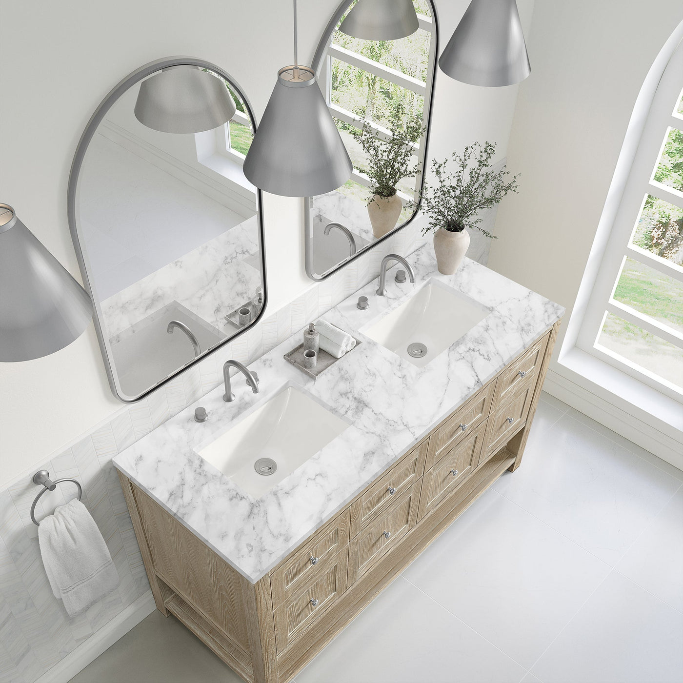 James Martin Breckenridge 60" Double Bathroom Vanity, Whitewashed Oak with Carrara White countertop