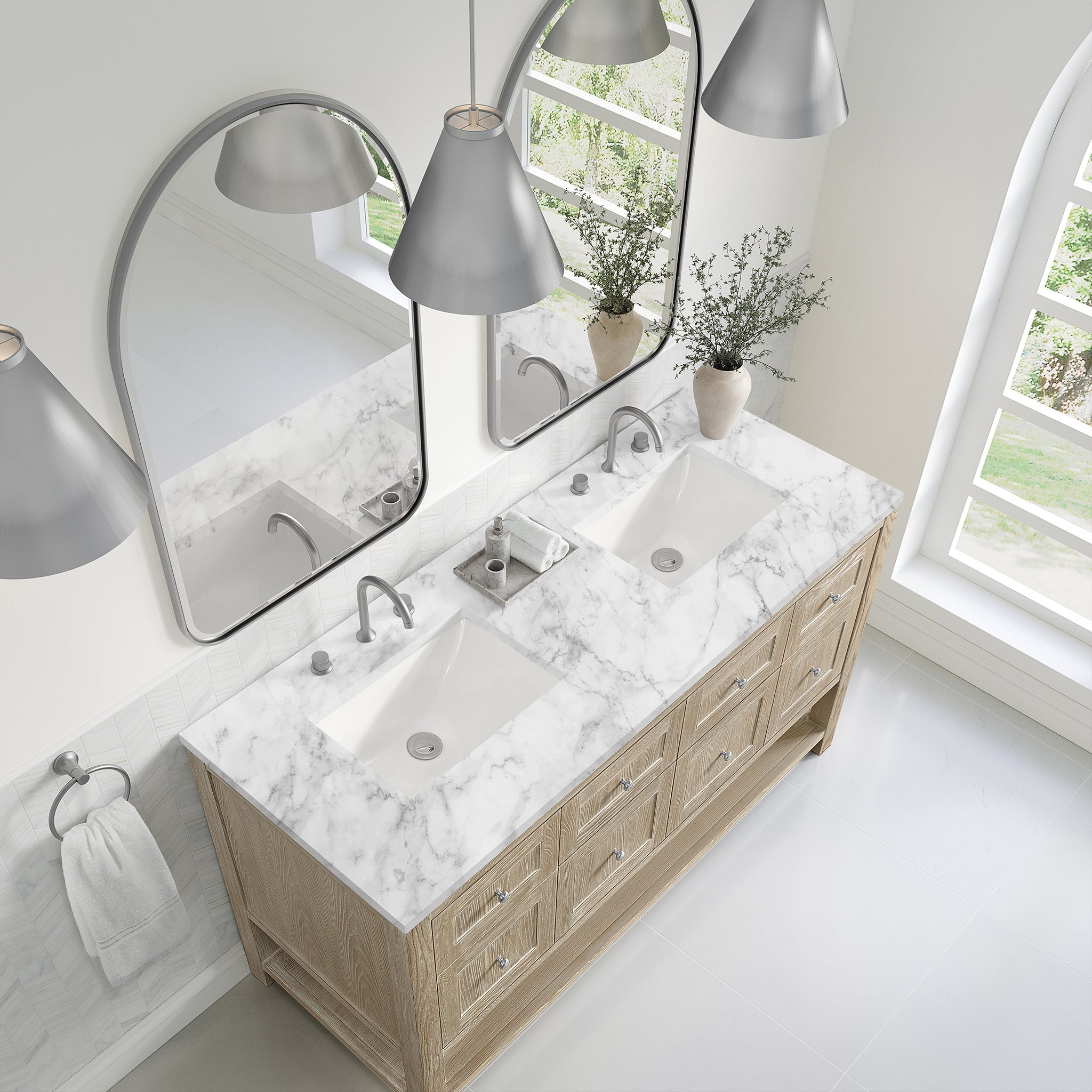 James Martin Breckenridge 60" Double Bathroom Vanity, Whitewashed Oak with Carrara White countertop