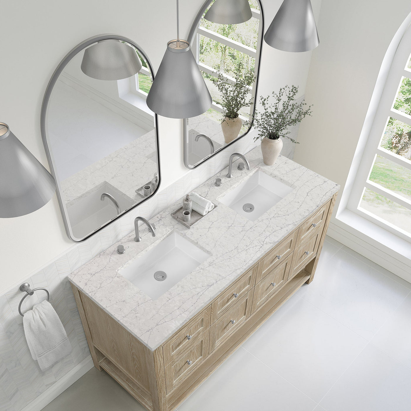 James Martin Breckenridge 60" Double Bathroom Vanity, Whitewashed Oak with Eternal Jasmine Pearl countertop