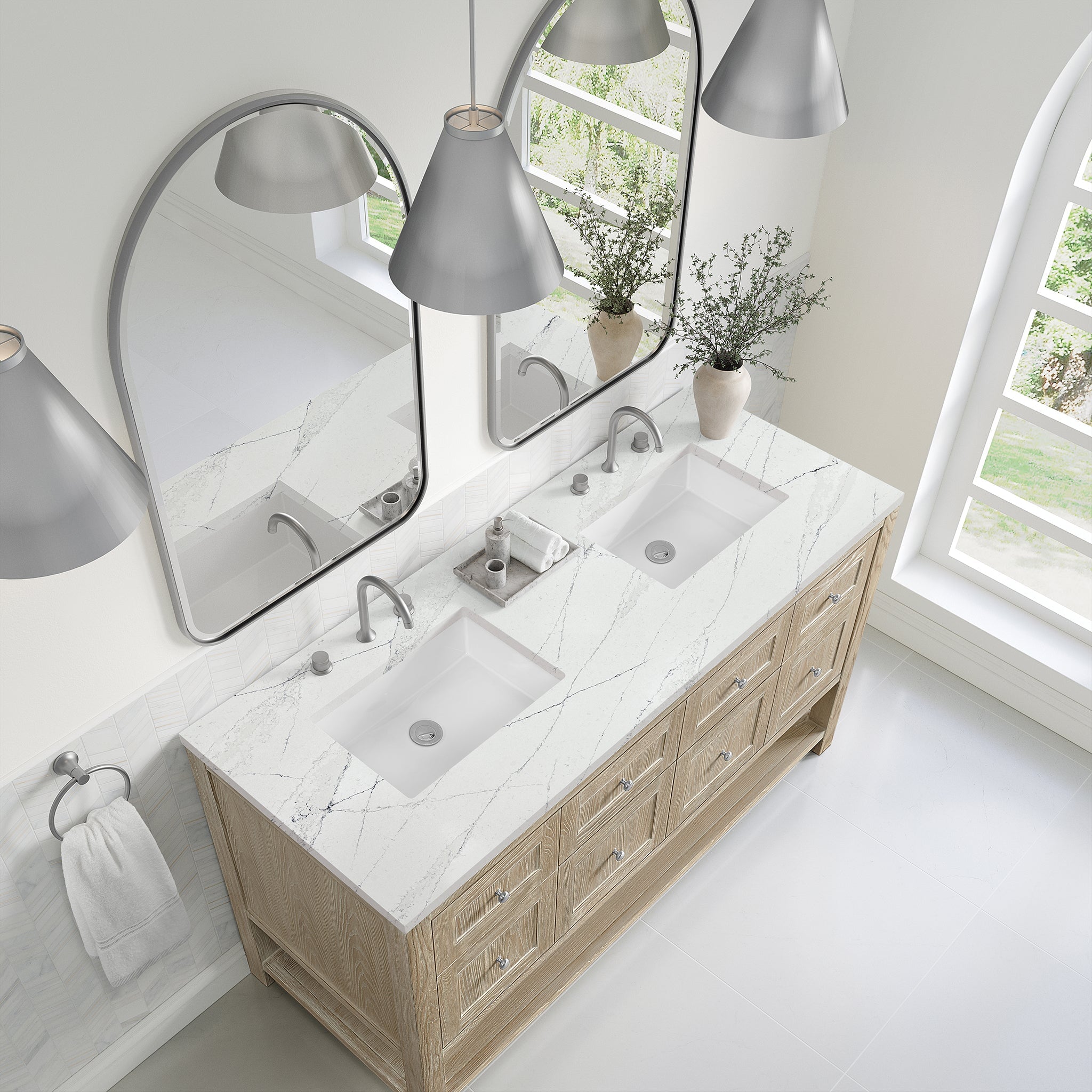 James Martin Breckenridge 60" Double Bathroom Vanity, Whitewashed Oak with Ethereal Noctis countertop