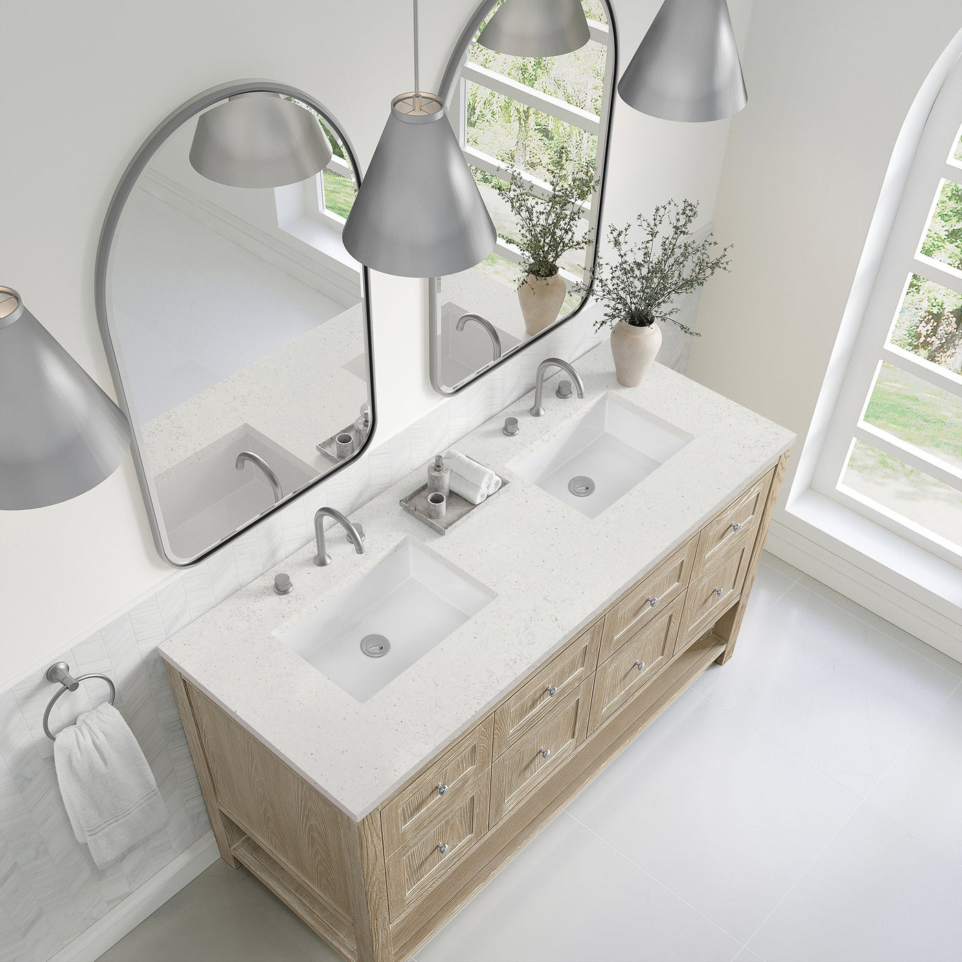 James Martin Breckenridge 60" Double Bathroom Vanity, Whitewashed Oak with Lime Delight countertop
