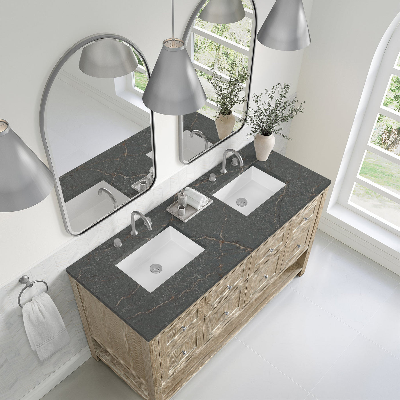 James Martin Breckenridge 60" Double Bathroom Vanity, Whitewashed Oak with Parisien Bleu countertop