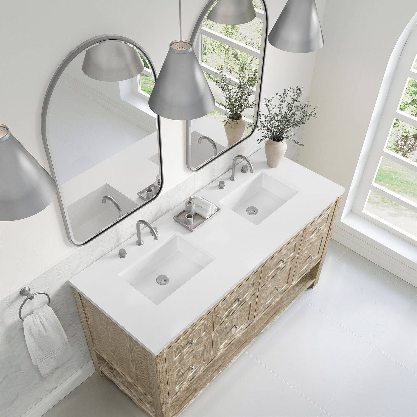 James Martin Breckenridge 60" Double Bathroom Vanity, Whitewashed Oak with White Zeus countertop