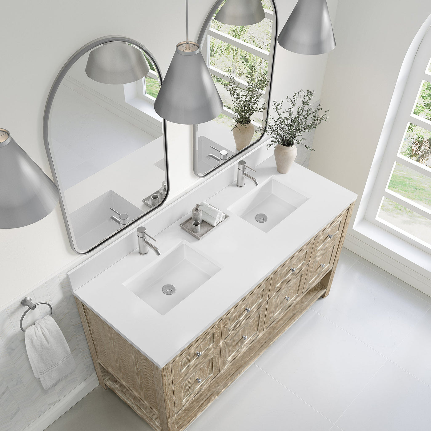 James Martin Breckenridge 60" Double Bathroom Vanity, Whitewashed Oak with White Zeus (Single Hole, with Backsplash) countertop