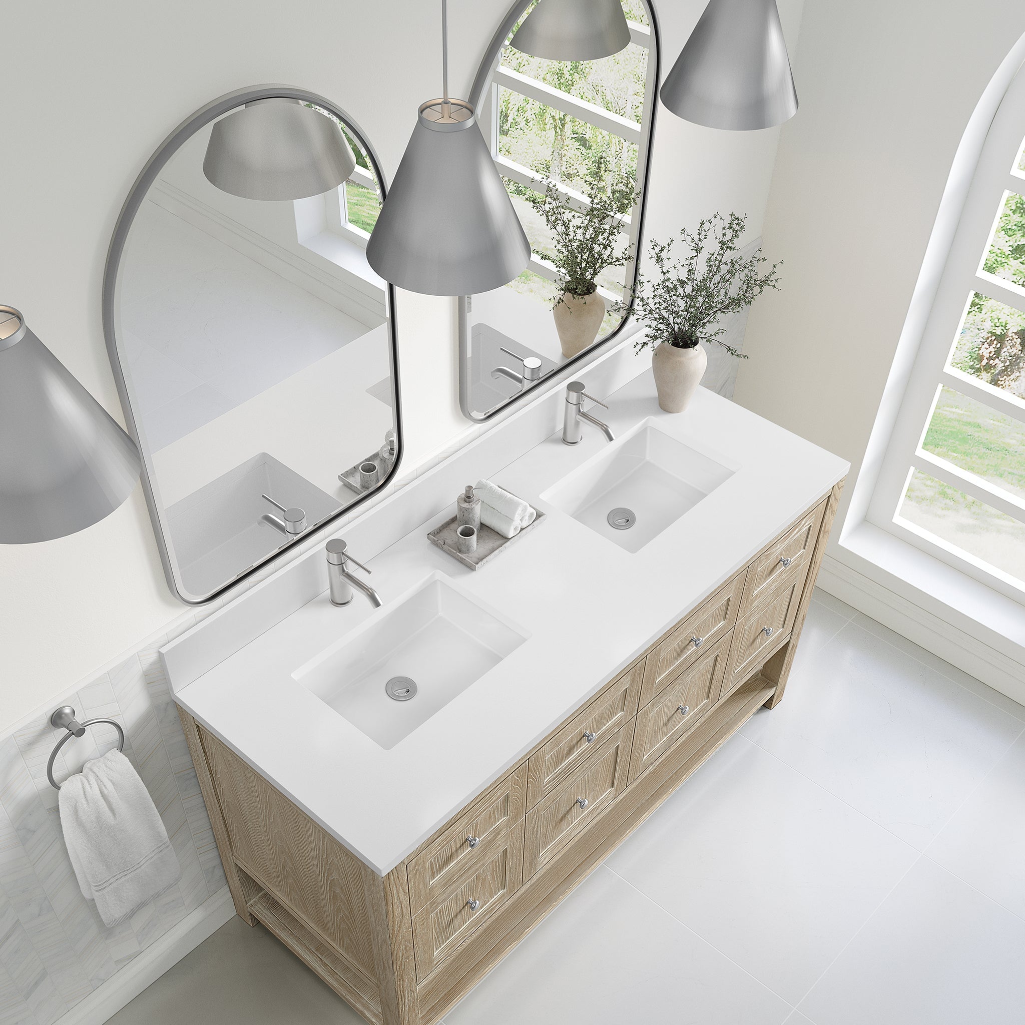 James Martin Breckenridge 60" Double Bathroom Vanity, Whitewashed Oak with White Zeus (Single Hole, with Backsplash) countertop