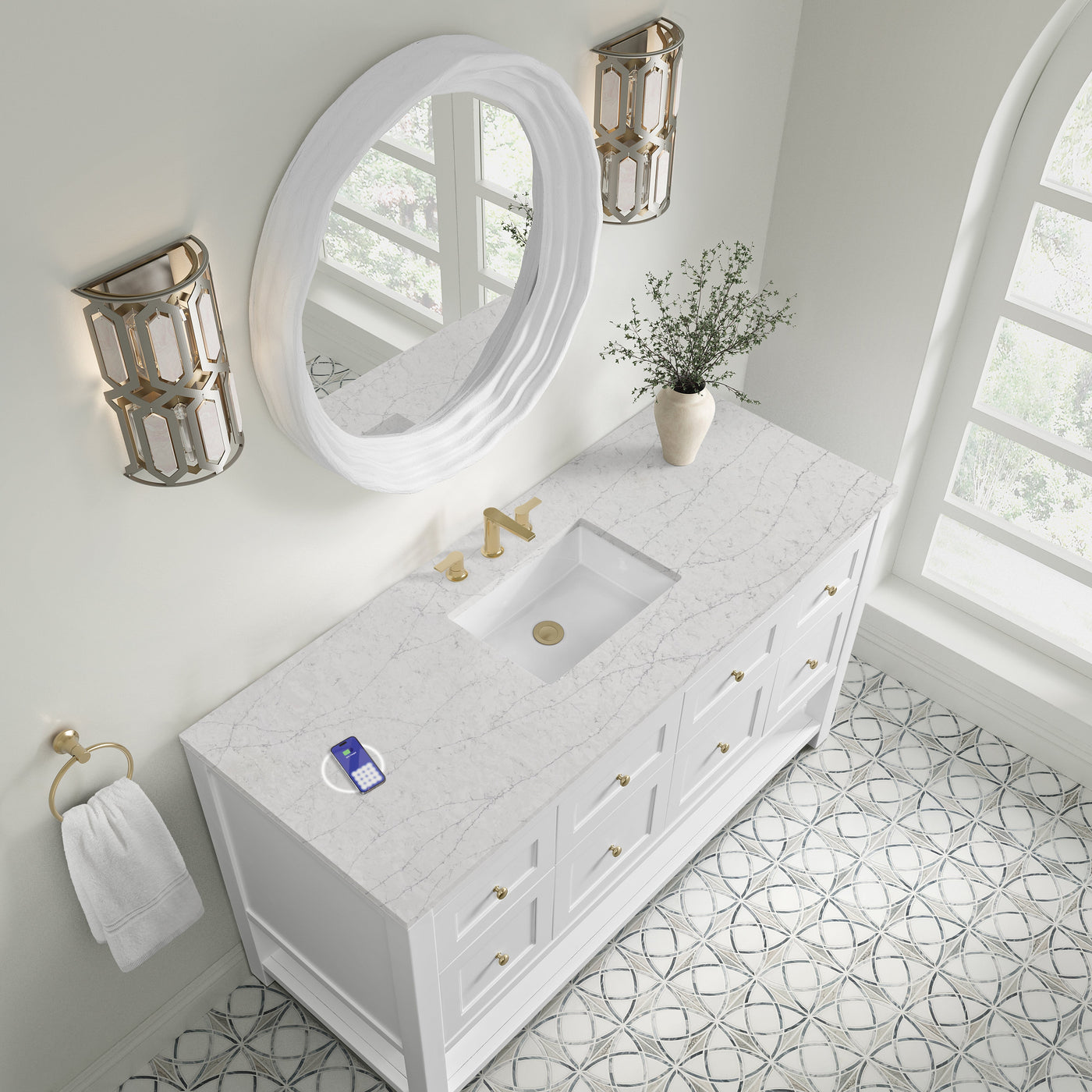 James Martin Breckenridge 60" Single Bathroom Vanity, Bright White with Eternal Jasmine Pearl (Silestone, FreePower) countertop