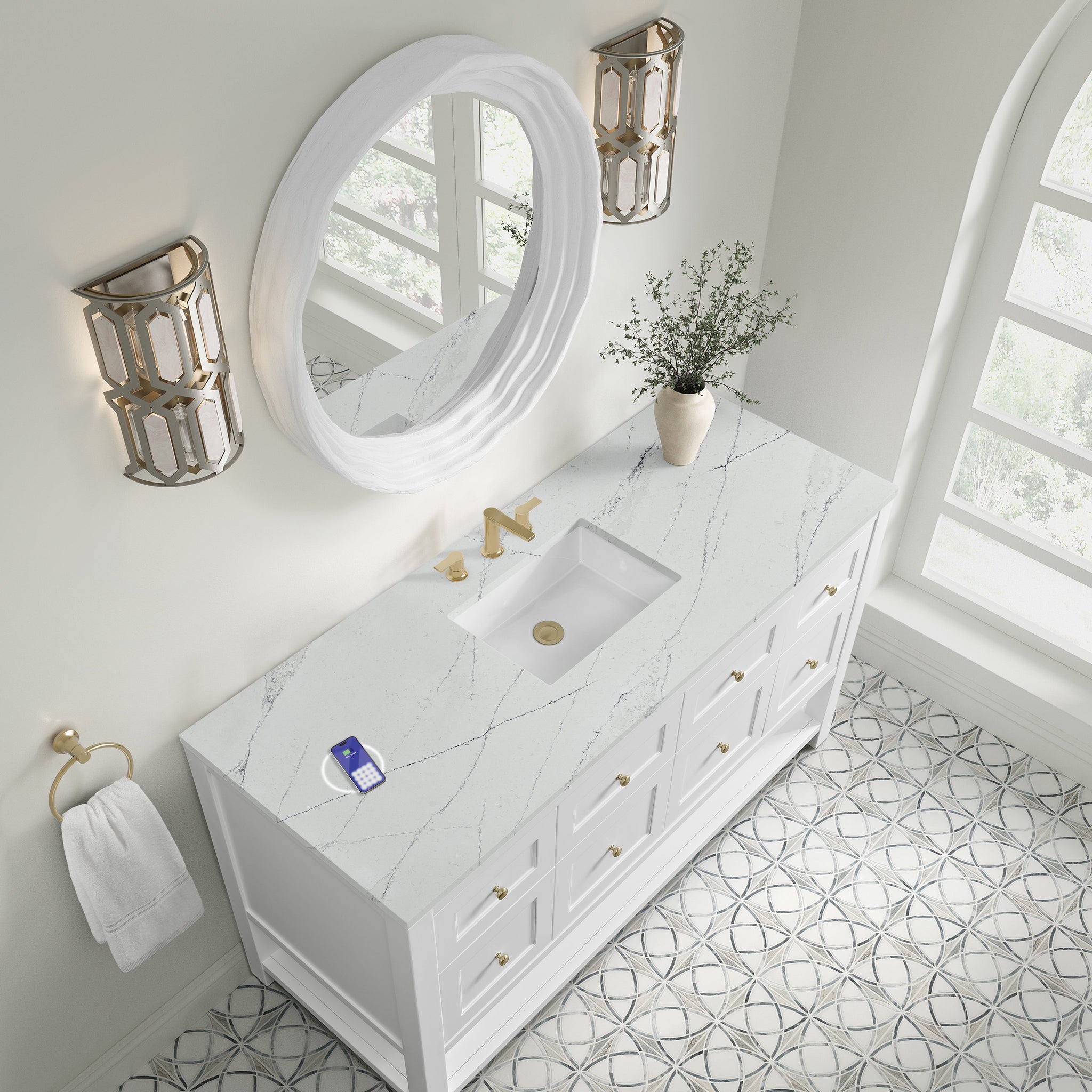 James Martin Breckenridge 60" Single Bathroom Vanity, Bright White with Ethereal Noctis (Silestone, FreePower) countertop