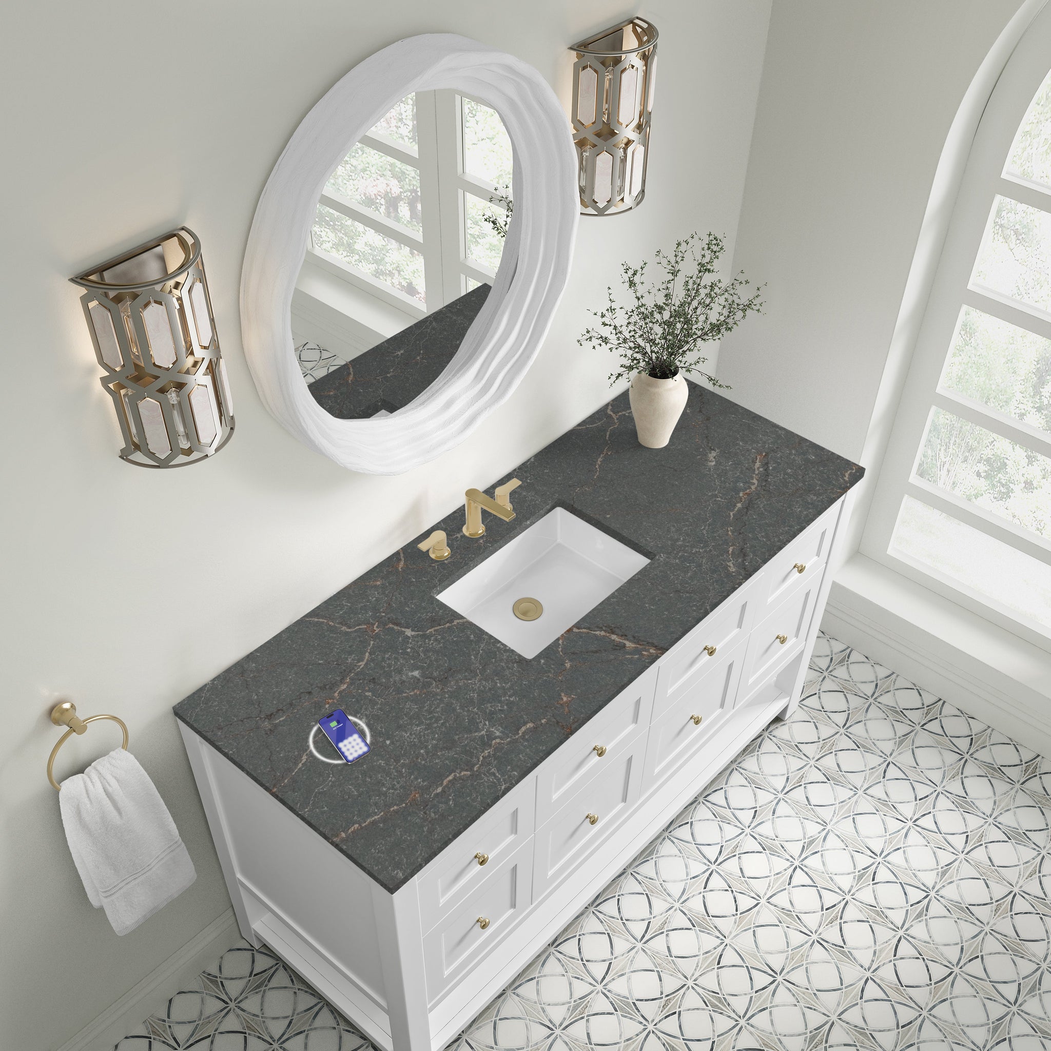 James Martin Breckenridge 60" Single Bathroom Vanity, Bright White with Parisien Bleu (FreePower) countertop