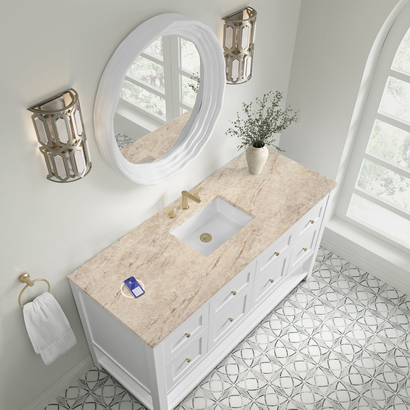 James Martin Breckenridge 60" Single Bathroom Vanity, Bright White with Tajnar (FreePower) countertop