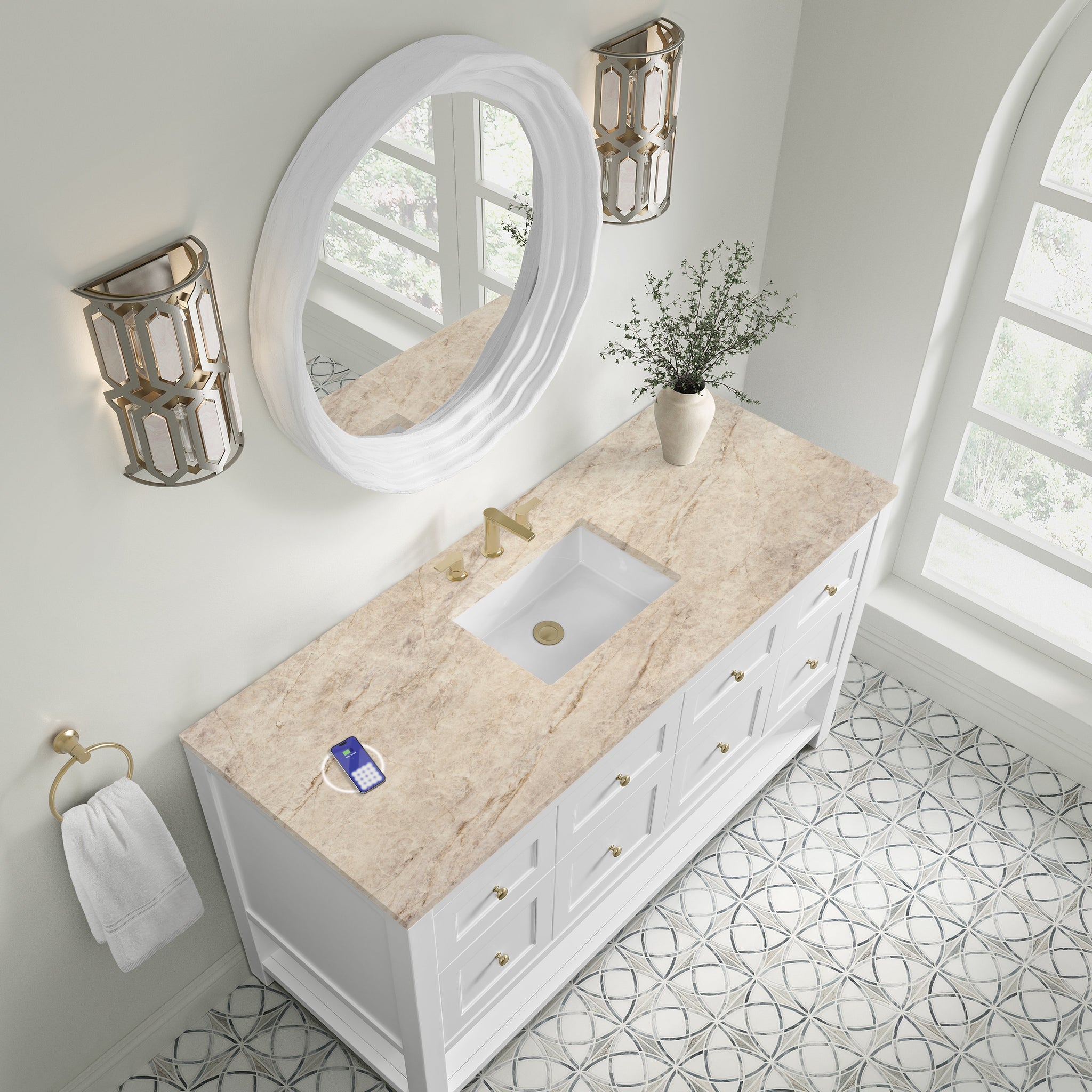 James Martin Breckenridge 60" Single Bathroom Vanity, Bright White with Tajnar (FreePower) countertop