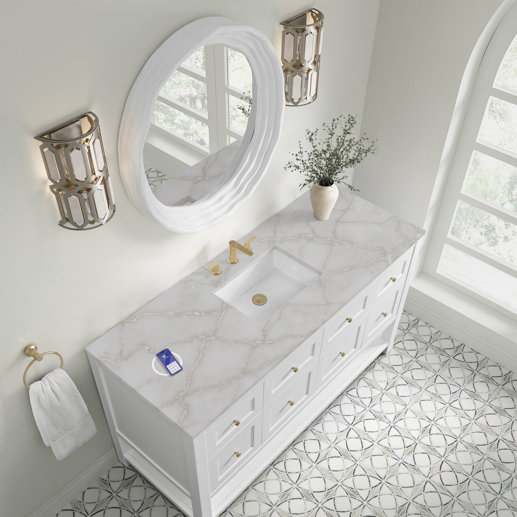 James Martin Breckenridge 60" Single Bathroom Vanity, Bright White with Victorian Silver (Silestone, FreePower) countertop