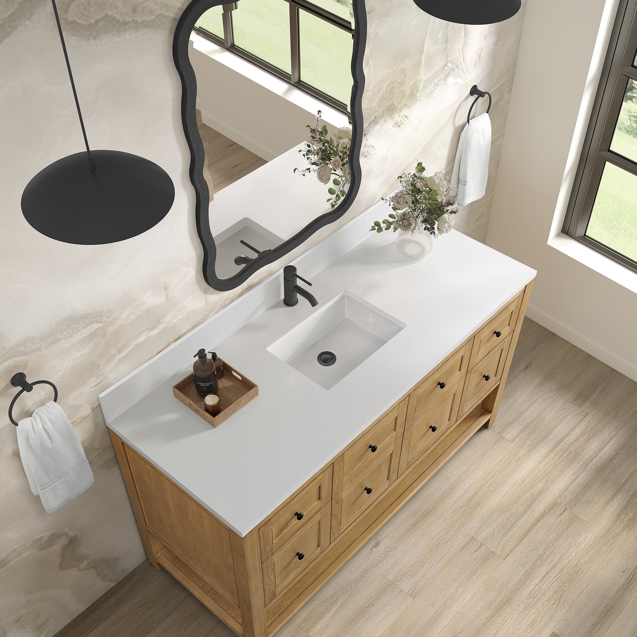 James Martin Breckenridge 60" Single Bathroom Vanity, Light Natural Oak with White Zeus (Single Hole, with Backsplash) countertop