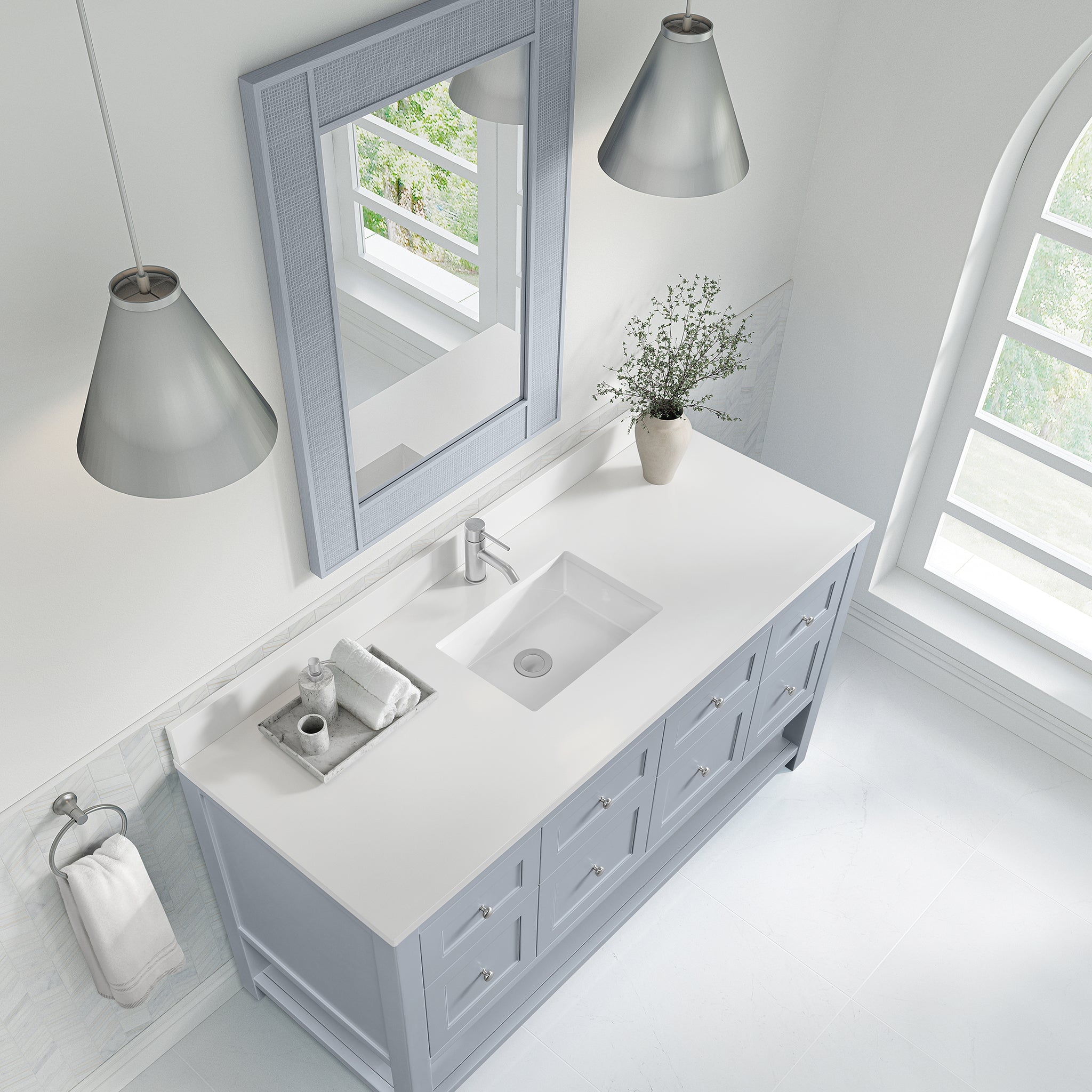 James Martin Breckenridge 60" Single Bathroom Vanity, Serenity Blue with White Zeus (Single Hole, with Backsplash) countertop