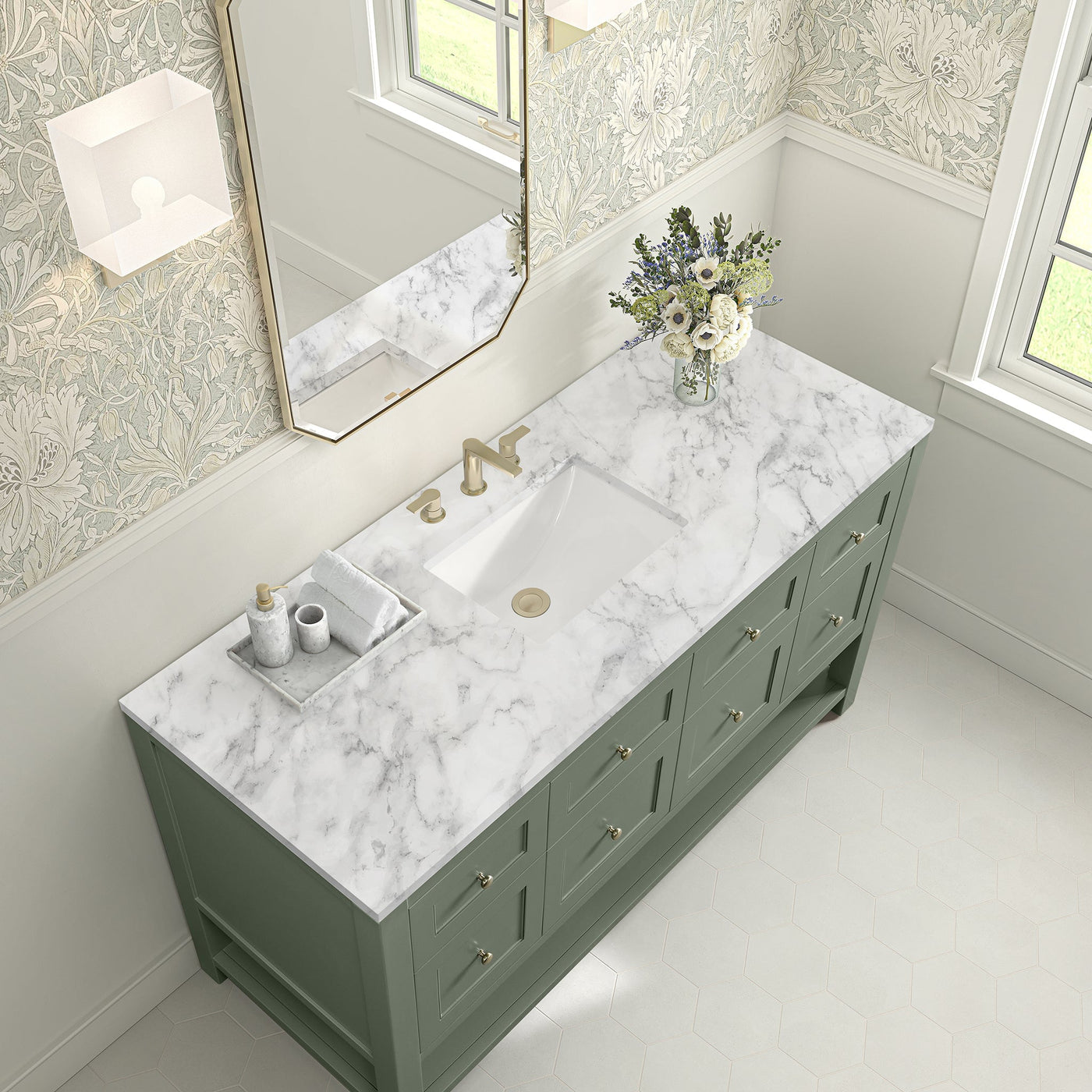 James Martin Breckenridge 60" Single Bathroom Vanity, Smokey Celadon with Carrara White countertop
