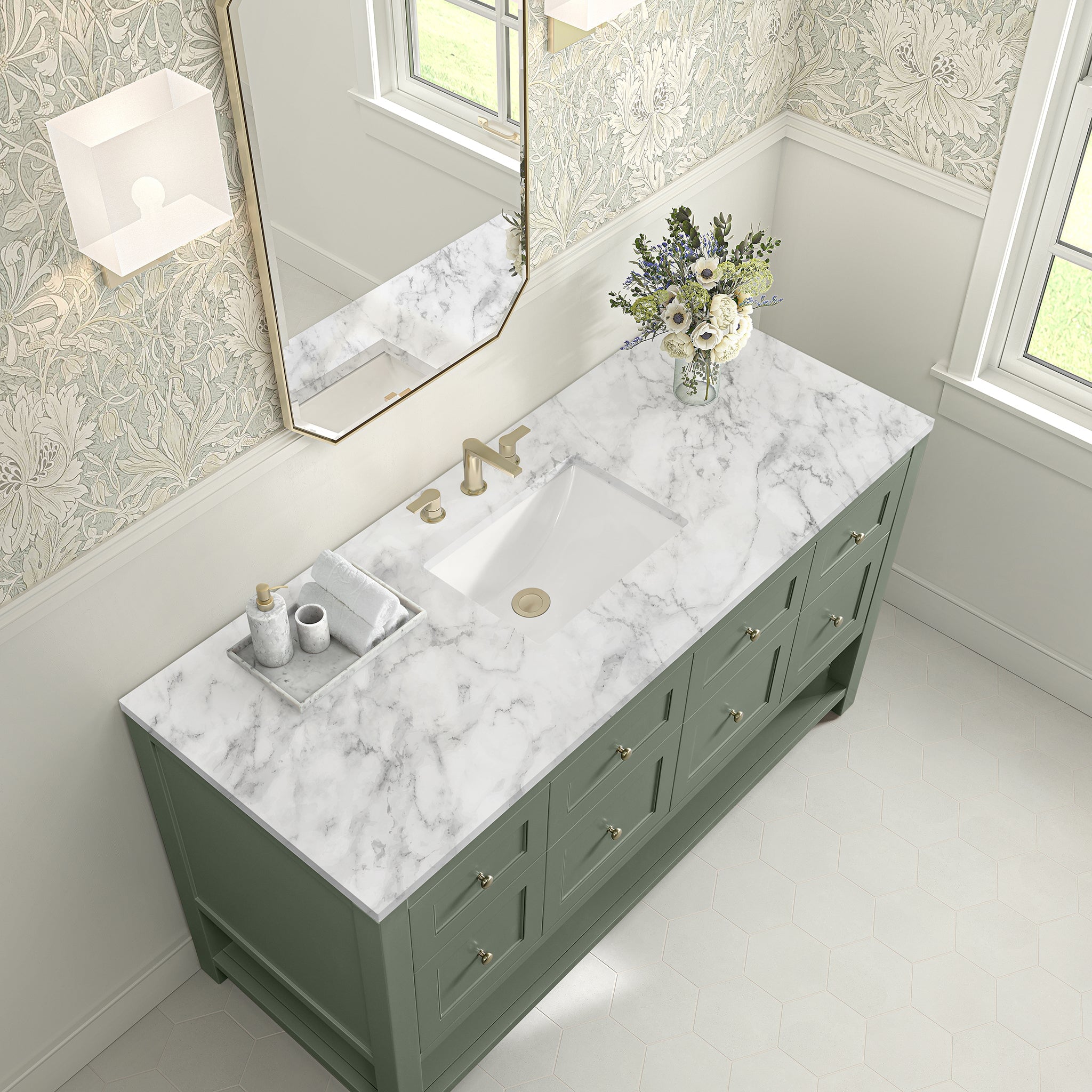 James Martin Breckenridge 60" Single Bathroom Vanity, Smokey Celadon with Carrara White countertop