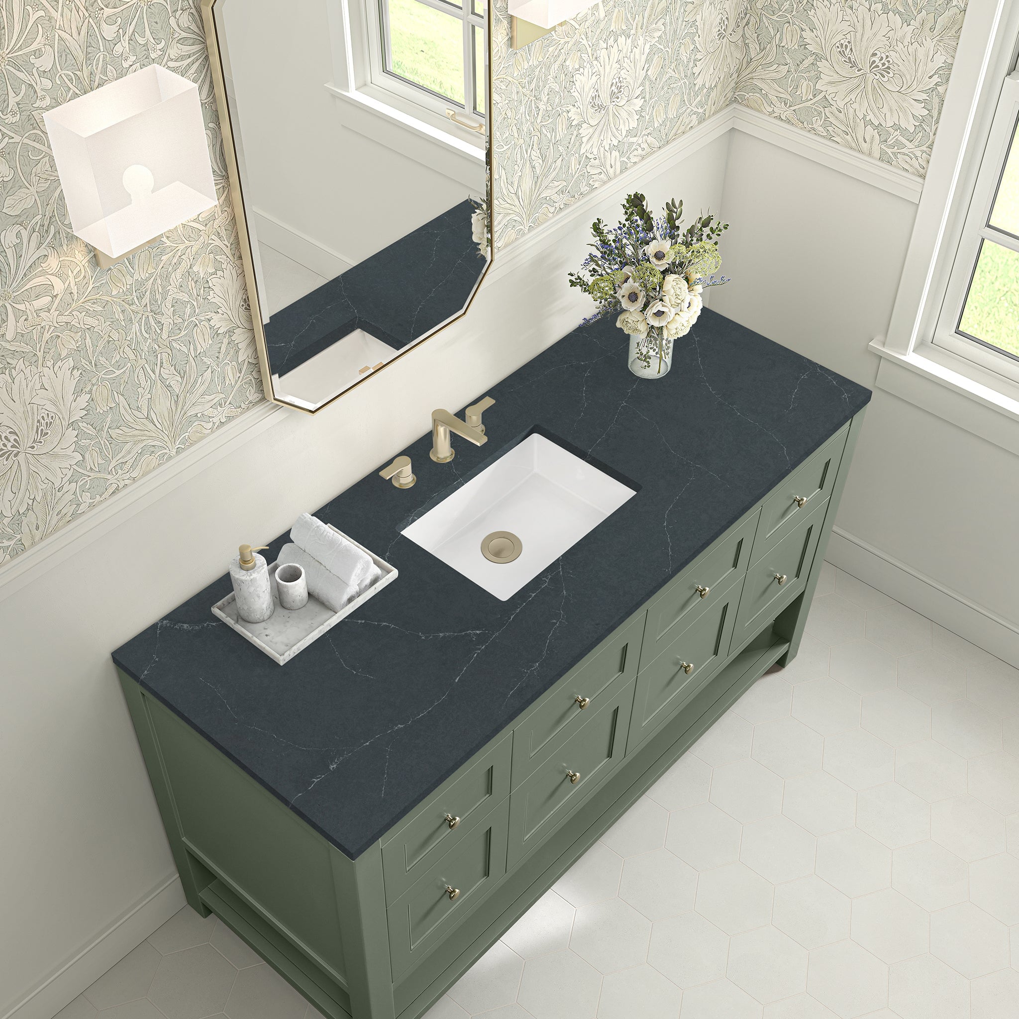 James Martin Breckenridge 60" Single Bathroom Vanity, Smokey Celadon with Charcoal Soapstone countertop