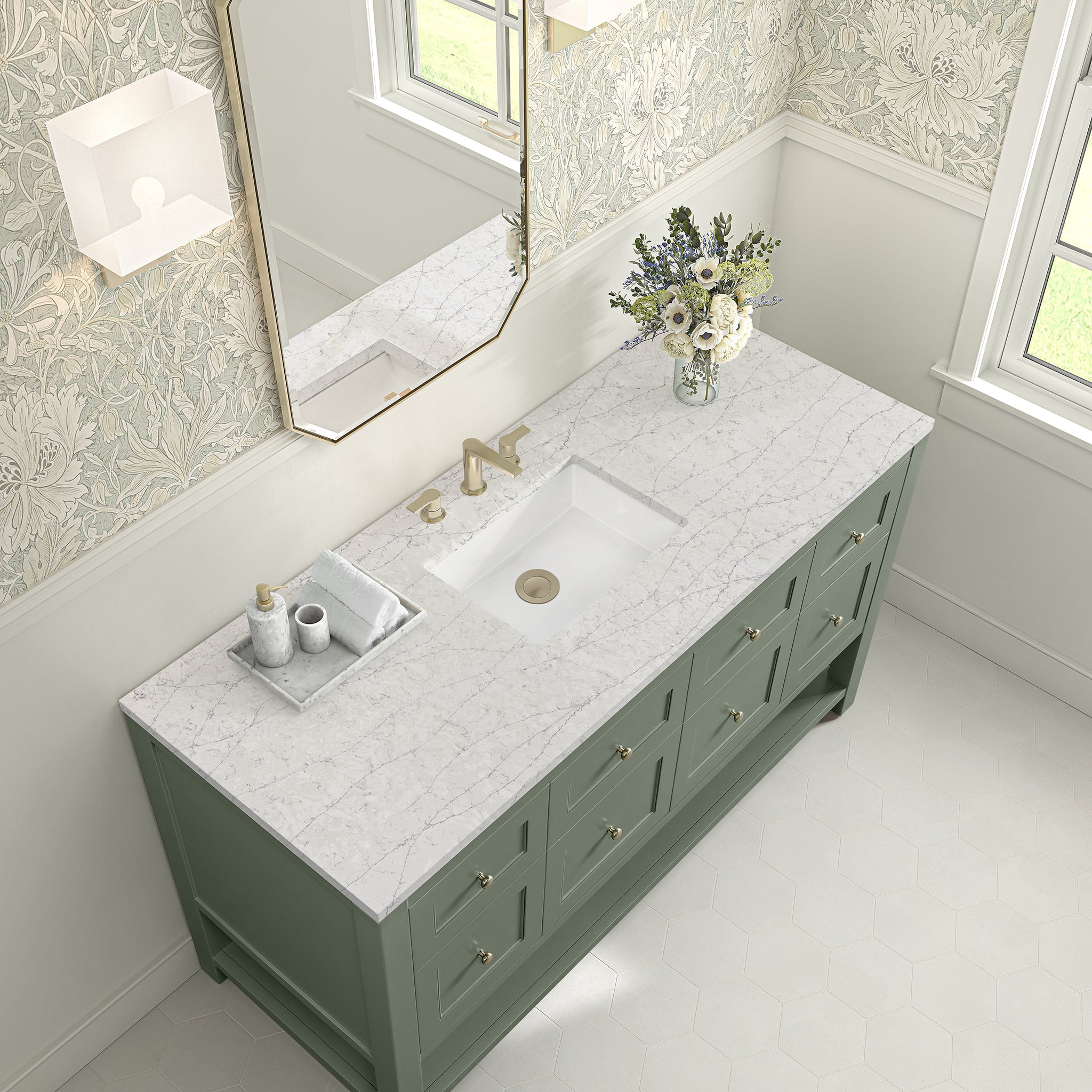 James Martin Breckenridge 60" Single Bathroom Vanity, Smokey Celadon with Eternal Jasmine Pearl (Quartz) countertop