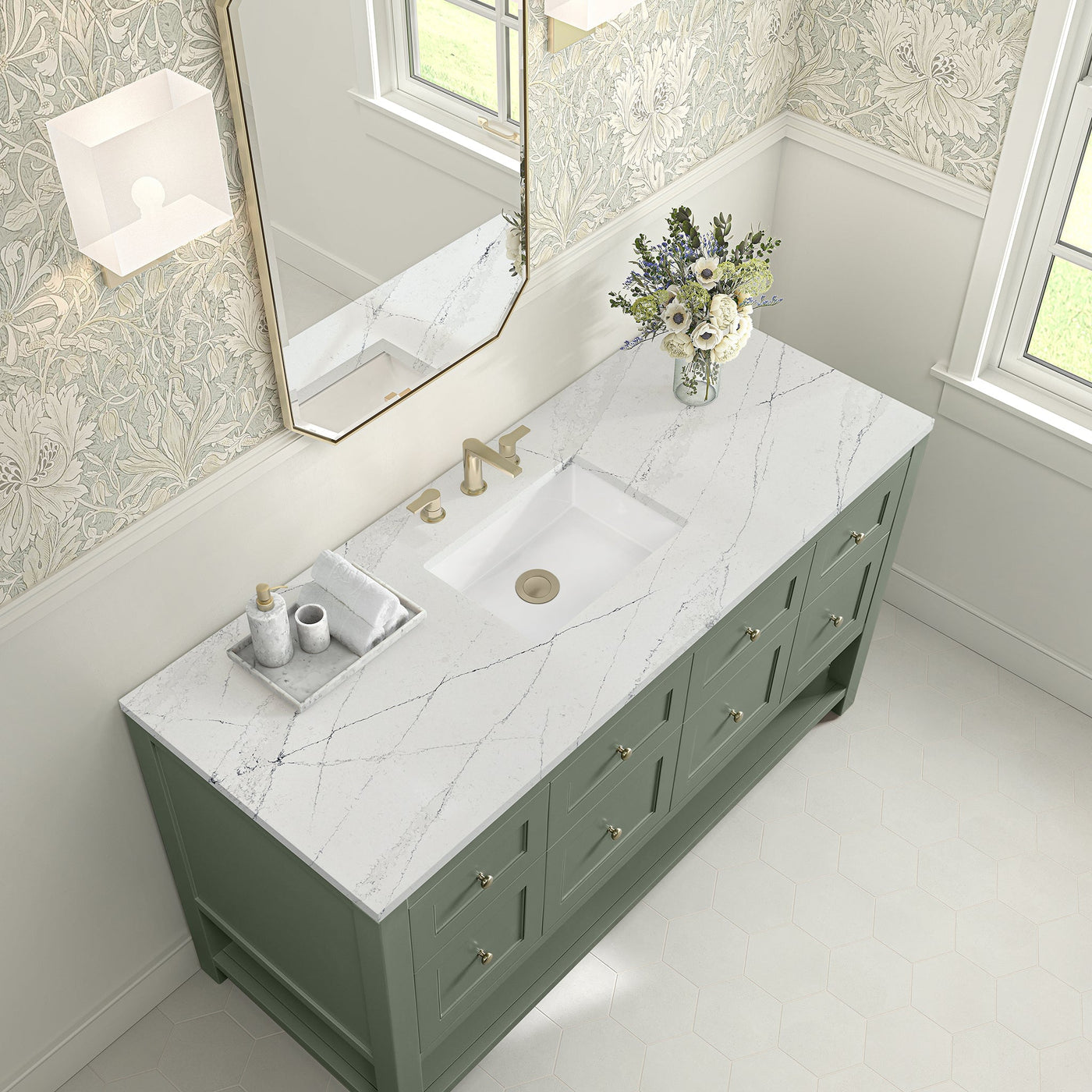 James Martin Breckenridge 60" Single Bathroom Vanity, Smokey Celadon with Ethereal Noctis (Quartz) countertop