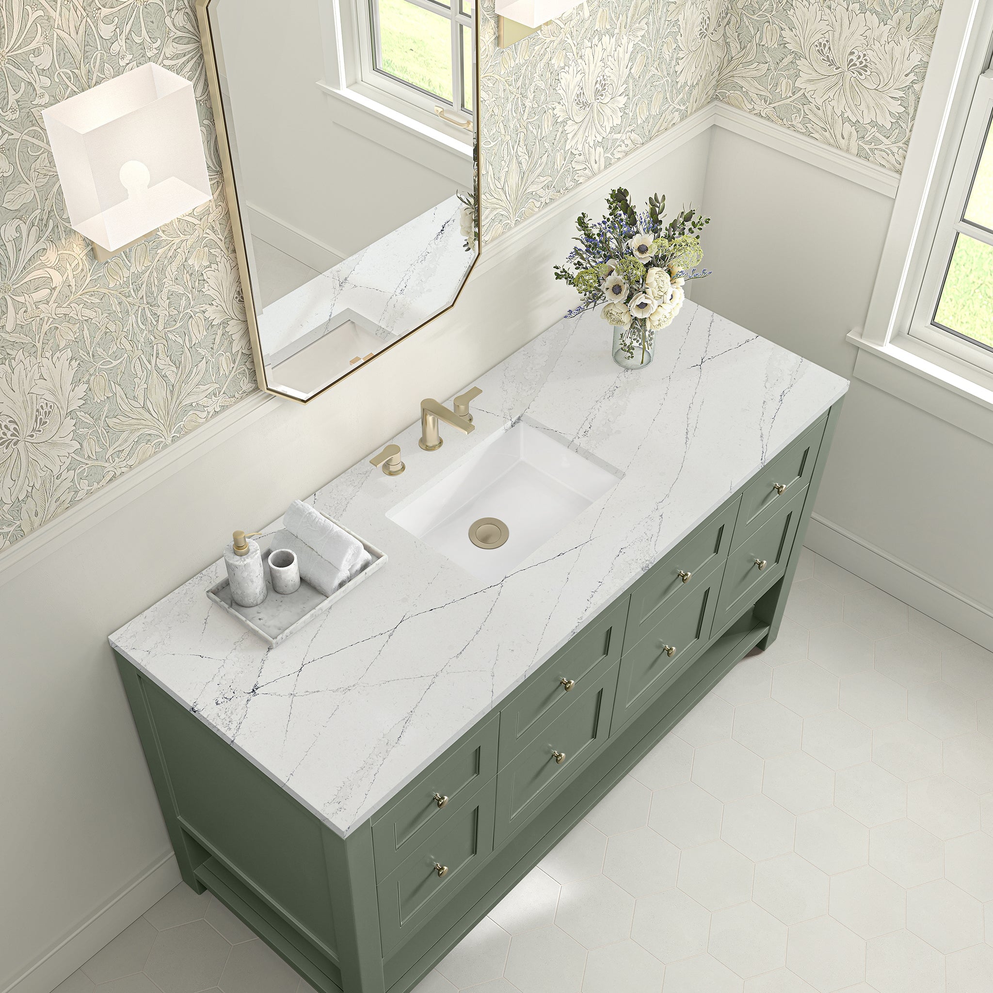 James Martin Breckenridge 60" Single Bathroom Vanity, Smokey Celadon with Ethereal Noctis (Quartz) countertop