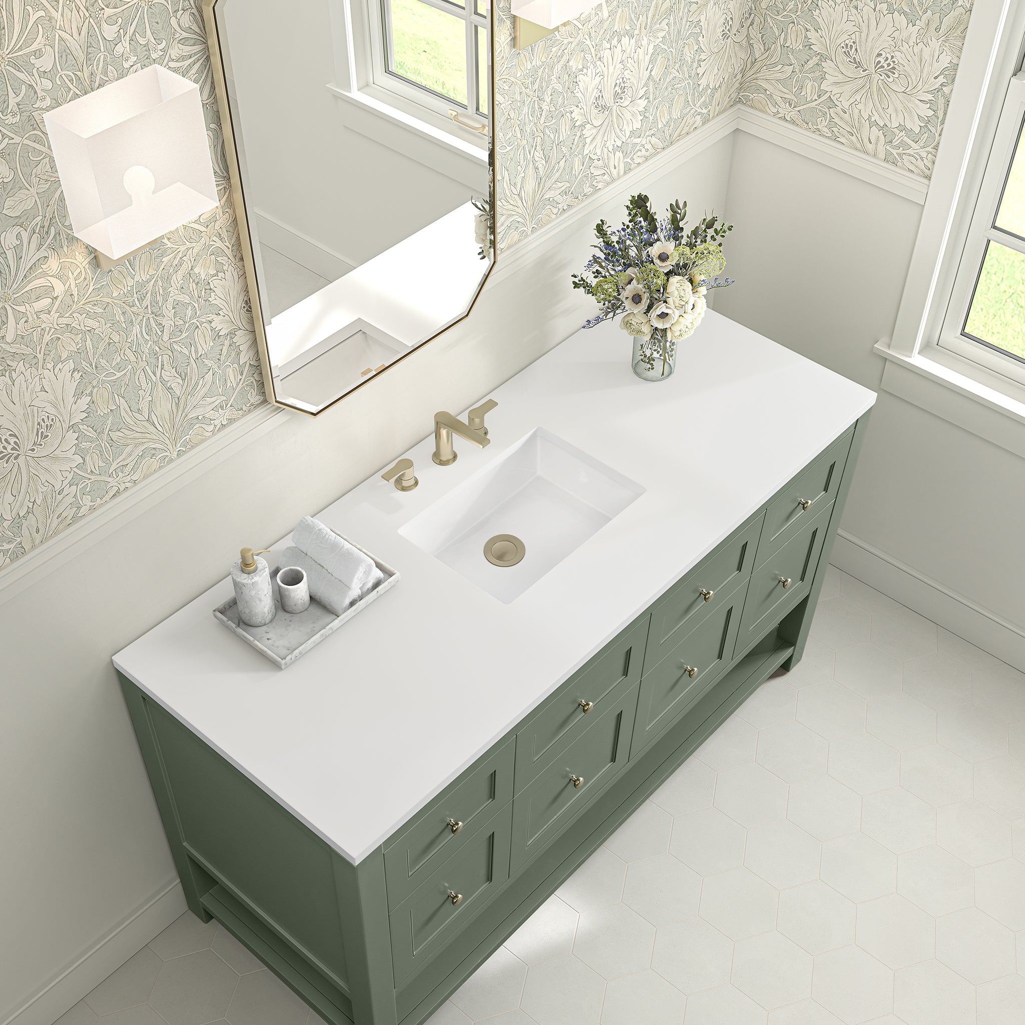 James Martin Breckenridge 60" Single Bathroom Vanity, Smokey Celadon with White Zeus countertop