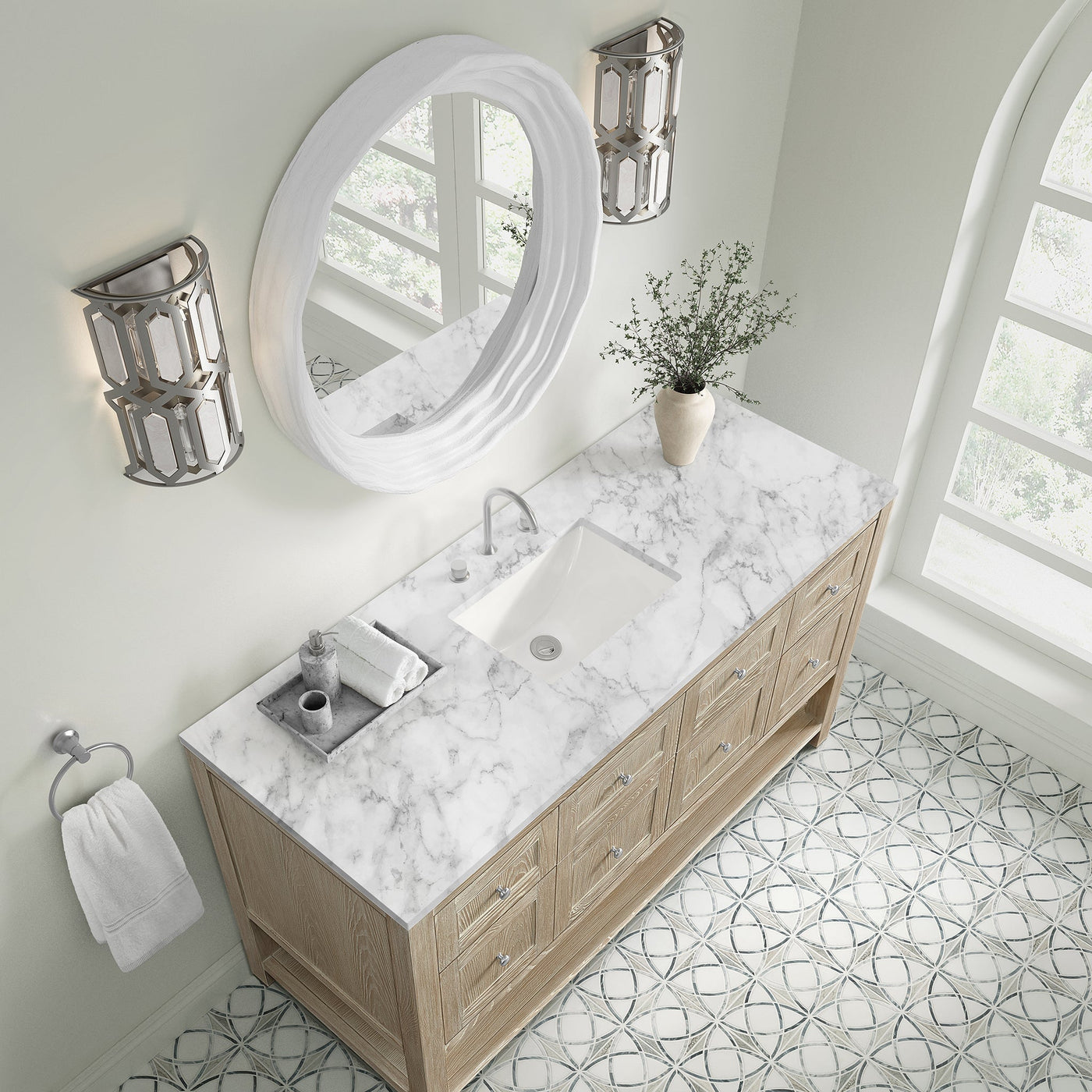 James Martin Breckenridge 60" Single Bathroom Vanity, Whitewashed Oak with Carrara White countertop
