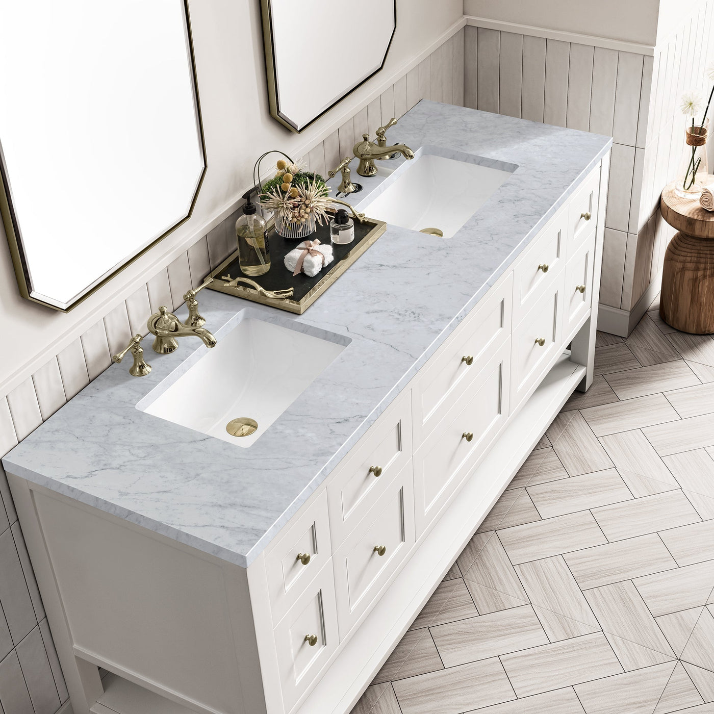 James Martin Breckenridge 72" Double Bathroom Vanity, Bright White with Carrara White countertop