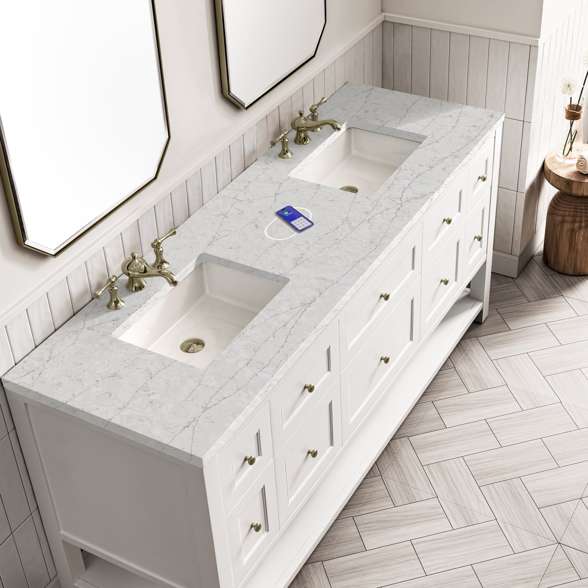 James Martin Breckenridge 72" Double Bathroom Vanity, Bright White with Eternal Jasmine Pearl (FreePower) countertop