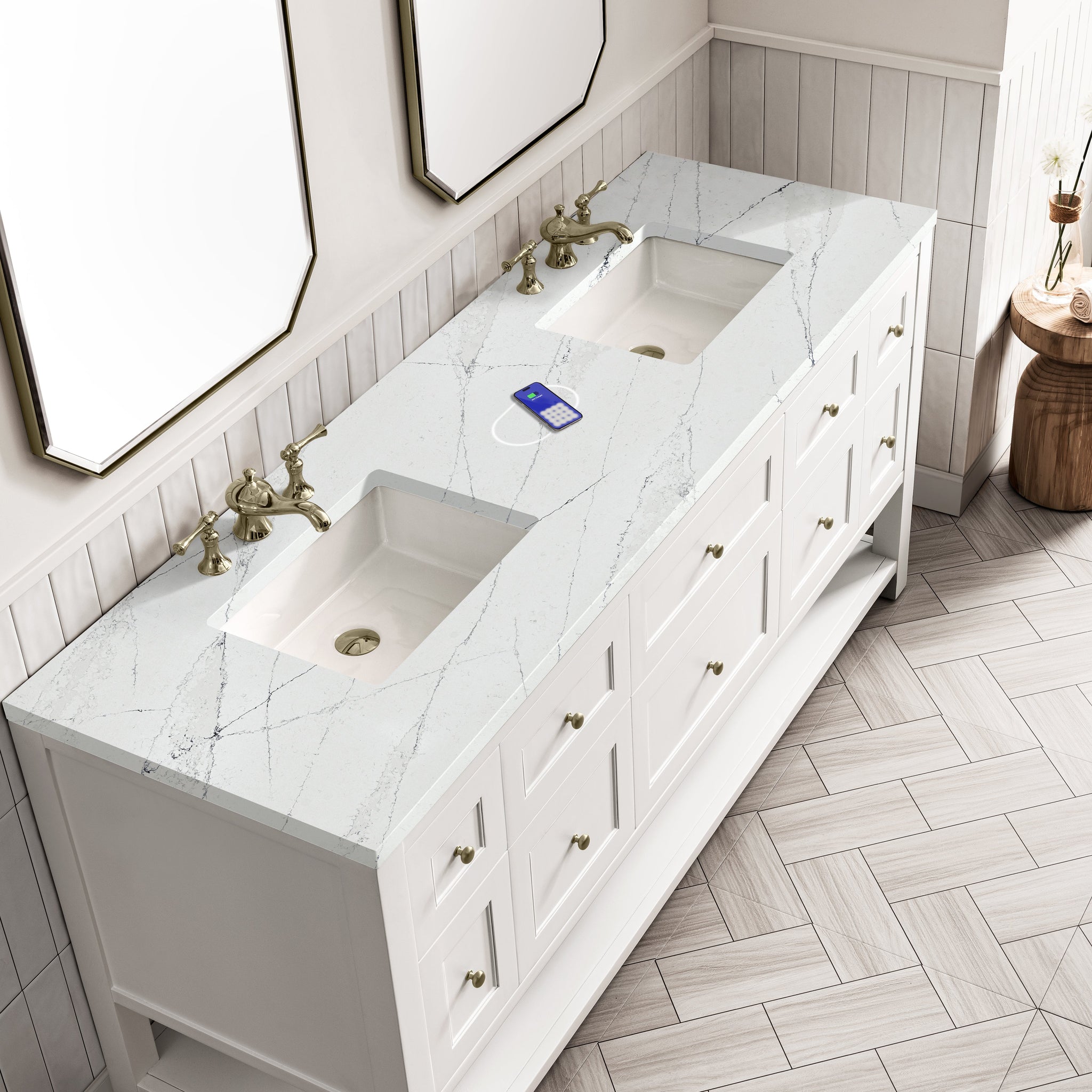 James Martin Breckenridge 72" Double Bathroom Vanity, Bright White with Ethereal Noctis (FreePower) countertop