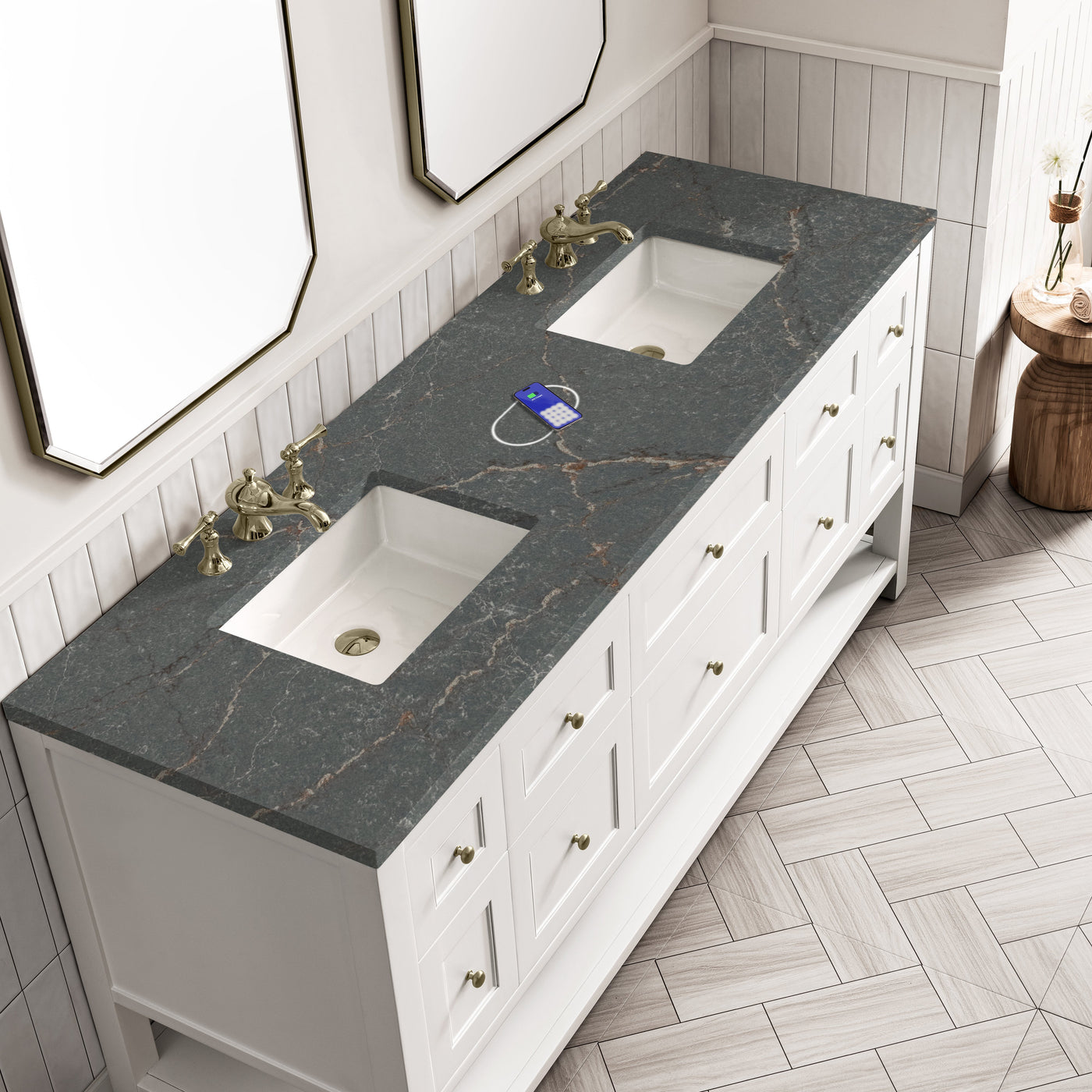 James Martin Breckenridge 72" Double Bathroom Vanity, Bright White with Parisien Bleu (FreePower) countertop