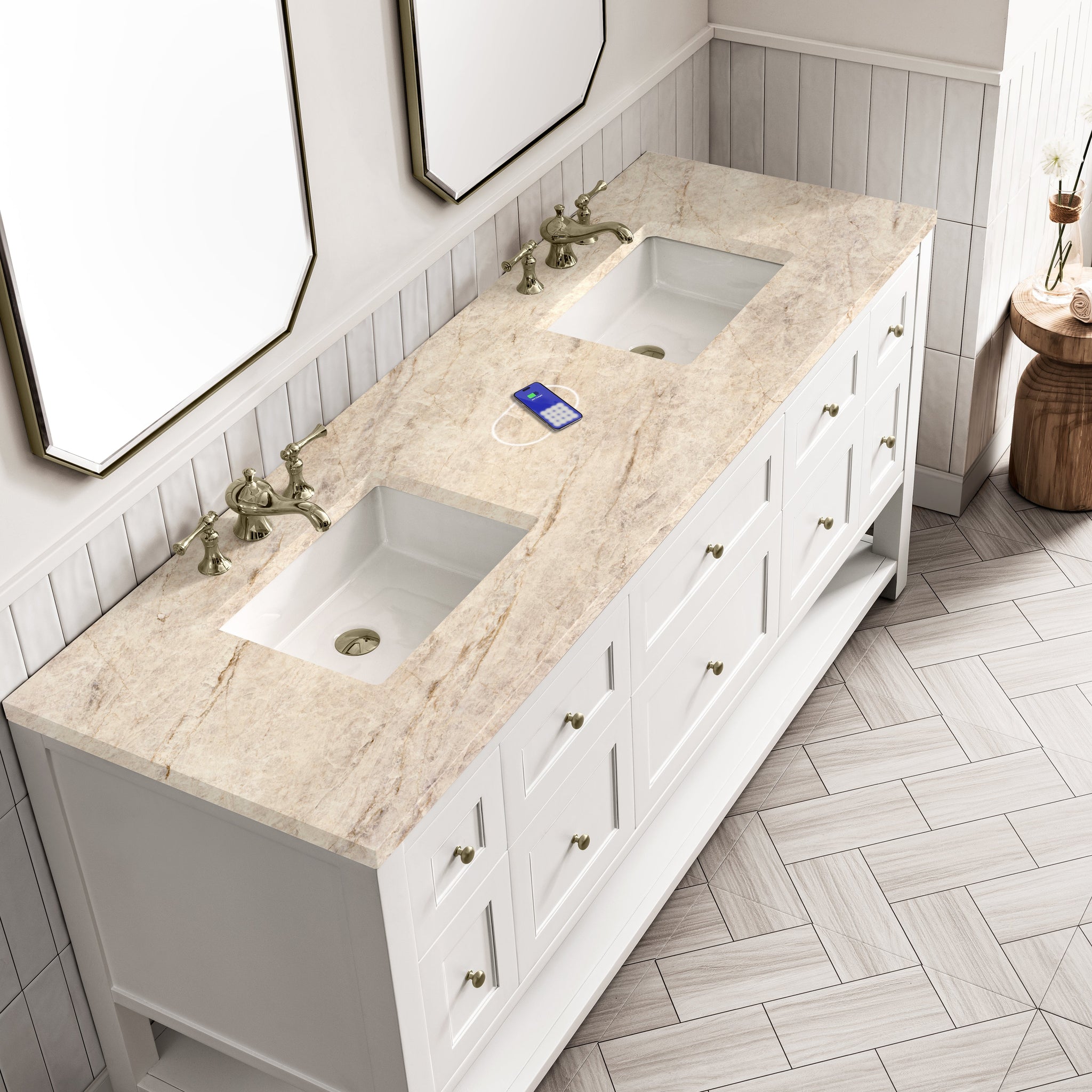 James Martin Breckenridge 72" Double Bathroom Vanity, Bright White with Tajnar (FreePower) countertop