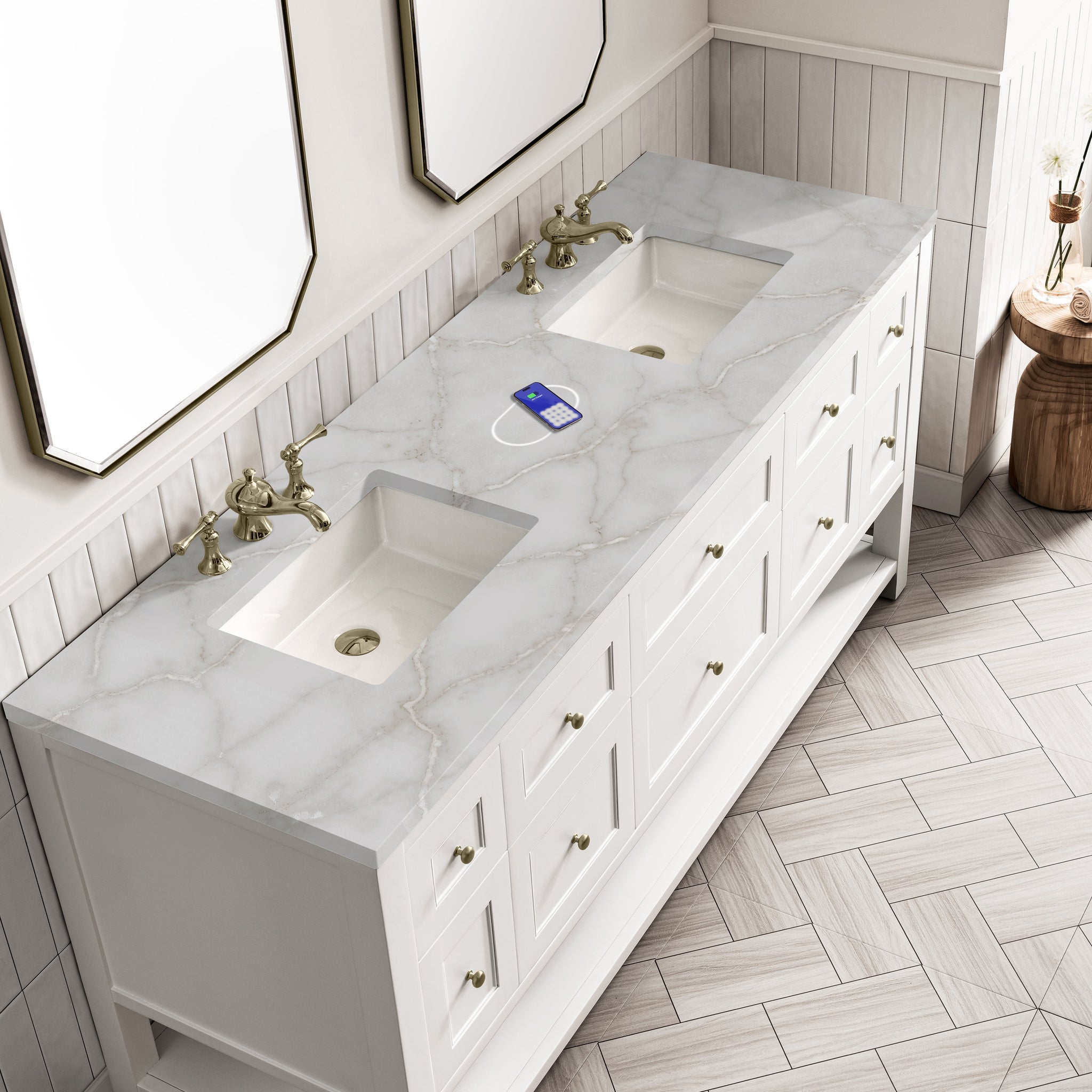 James Martin Breckenridge 72" Double Bathroom Vanity, Bright White with Victorian Silver (FreePower) countertop