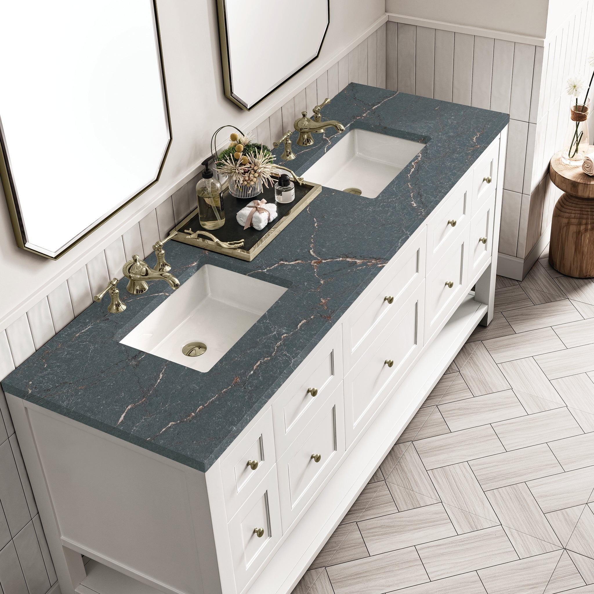 James Martin Breckenridge 72" Double Bathroom Vanity, Bright White with Parisien Bleu countertop