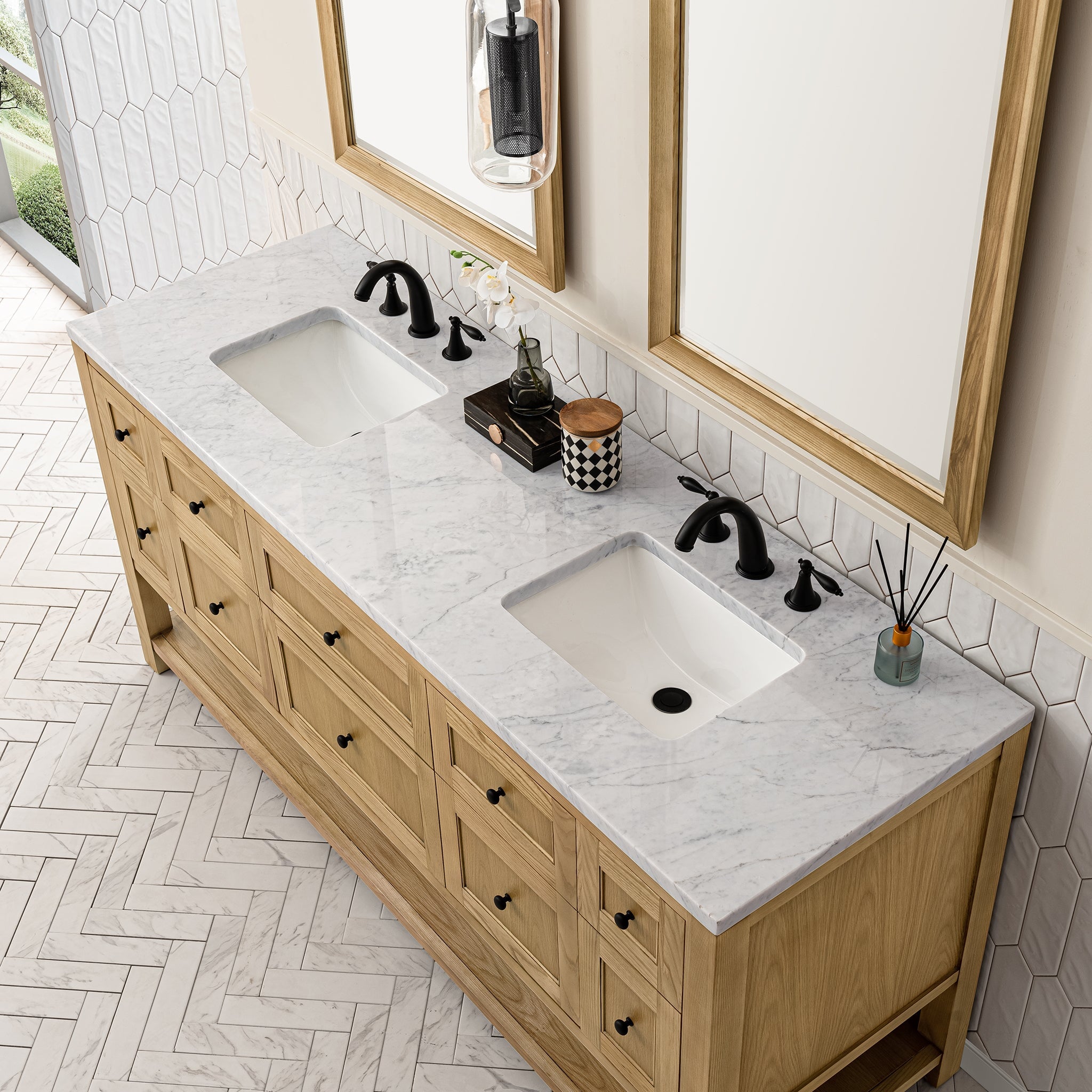James Martin Breckenridge 72" Double Bathroom Vanity, Light Natural Oak with Carrara White countertop