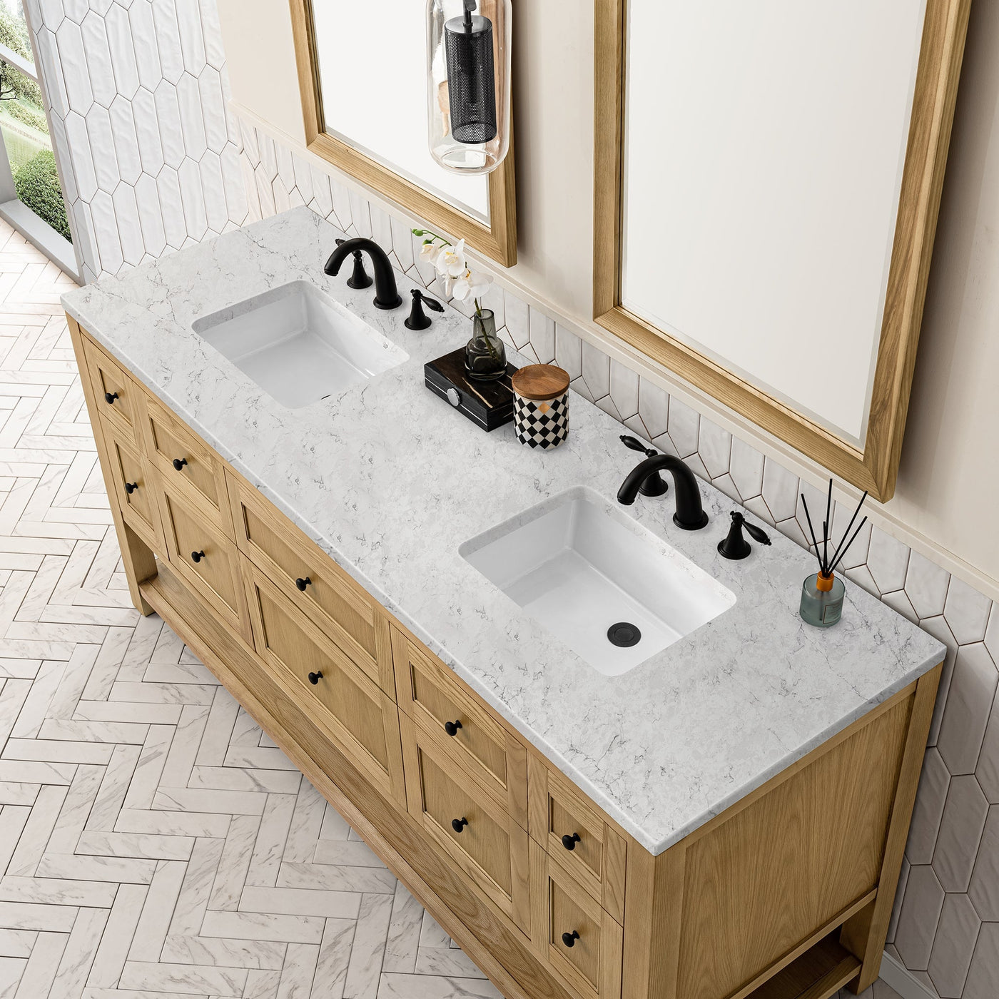 James Martin Breckenridge 72" Double Bathroom Vanity, Light Natural Oak with Eternal Jasmine Pearl countertop