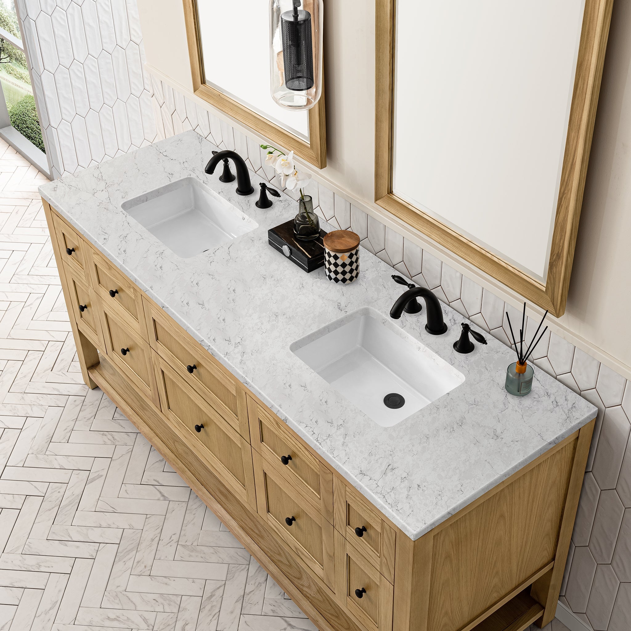 James Martin Breckenridge 72" Double Bathroom Vanity, Light Natural Oak with Eternal Jasmine Pearl countertop