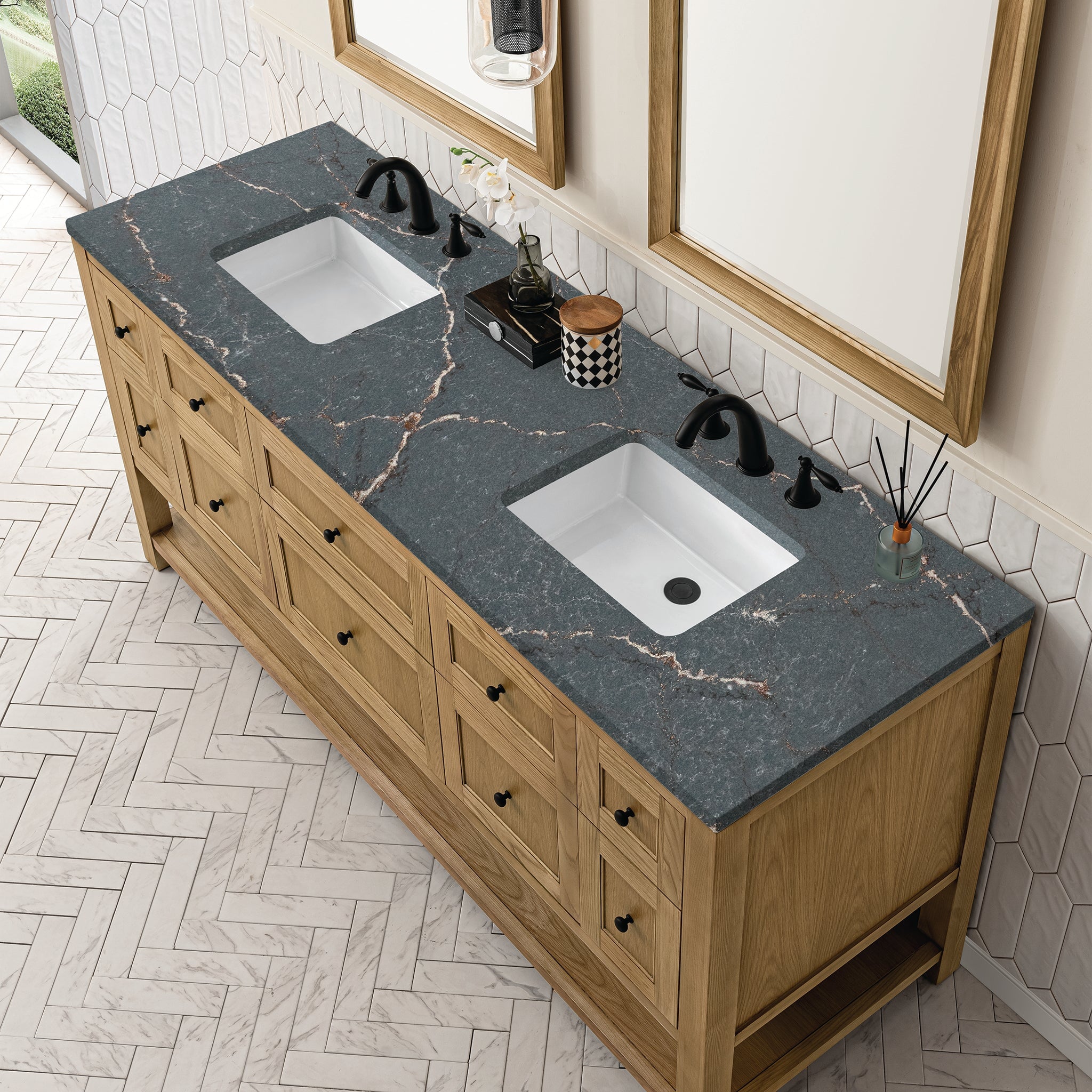 James Martin Breckenridge 72" Double Bathroom Vanity, Light Natural Oak with Parisien Bleu countertop