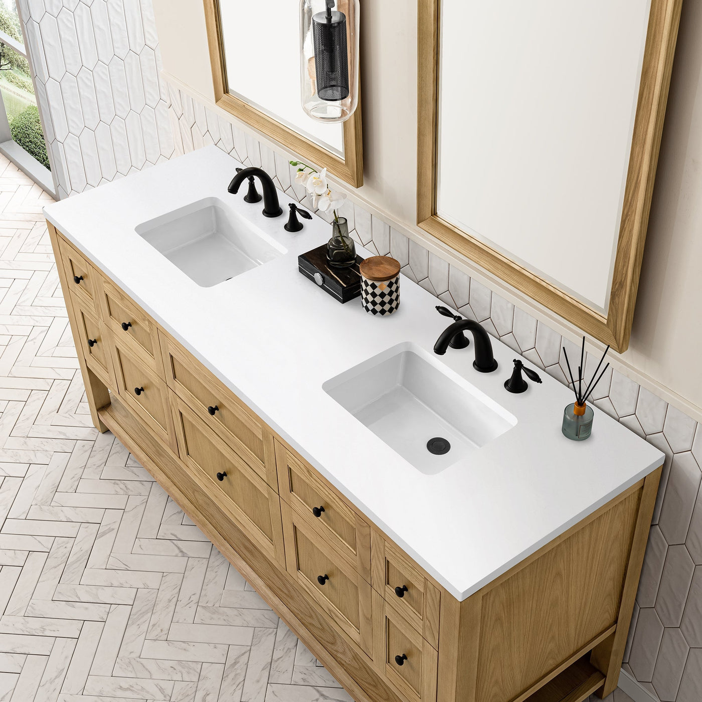 James Martin Breckenridge 72" Double Bathroom Vanity, Light Natural Oak with White Zeus countertop