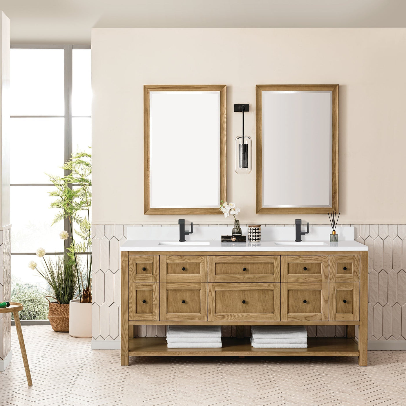 James Martin Breckenridge 72" Double Bathroom Vanity, Light Natural Oak with White Zeus (Single Hole, with Backsplash) countertop