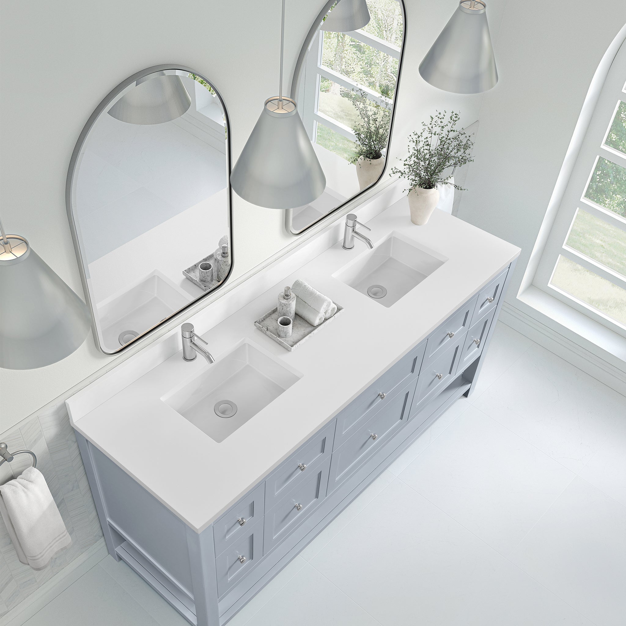 James Martin Breckenridge 72" Double Bathroom Vanity, Serenity Blue with White Zeus (with Backsplash) countertop
