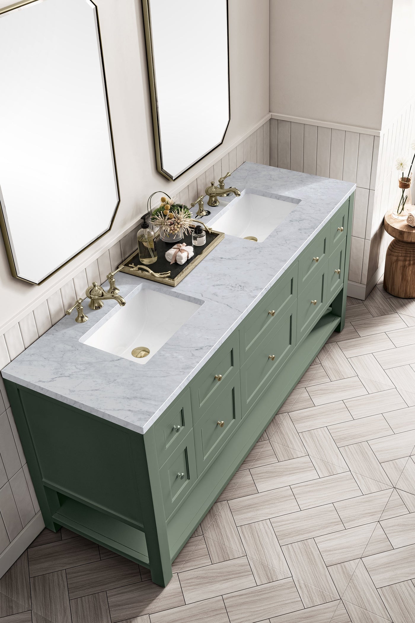 James Martin Breckenridge 72" Double Bathroom Vanity, Smokey Celadon with Carrara White countertop