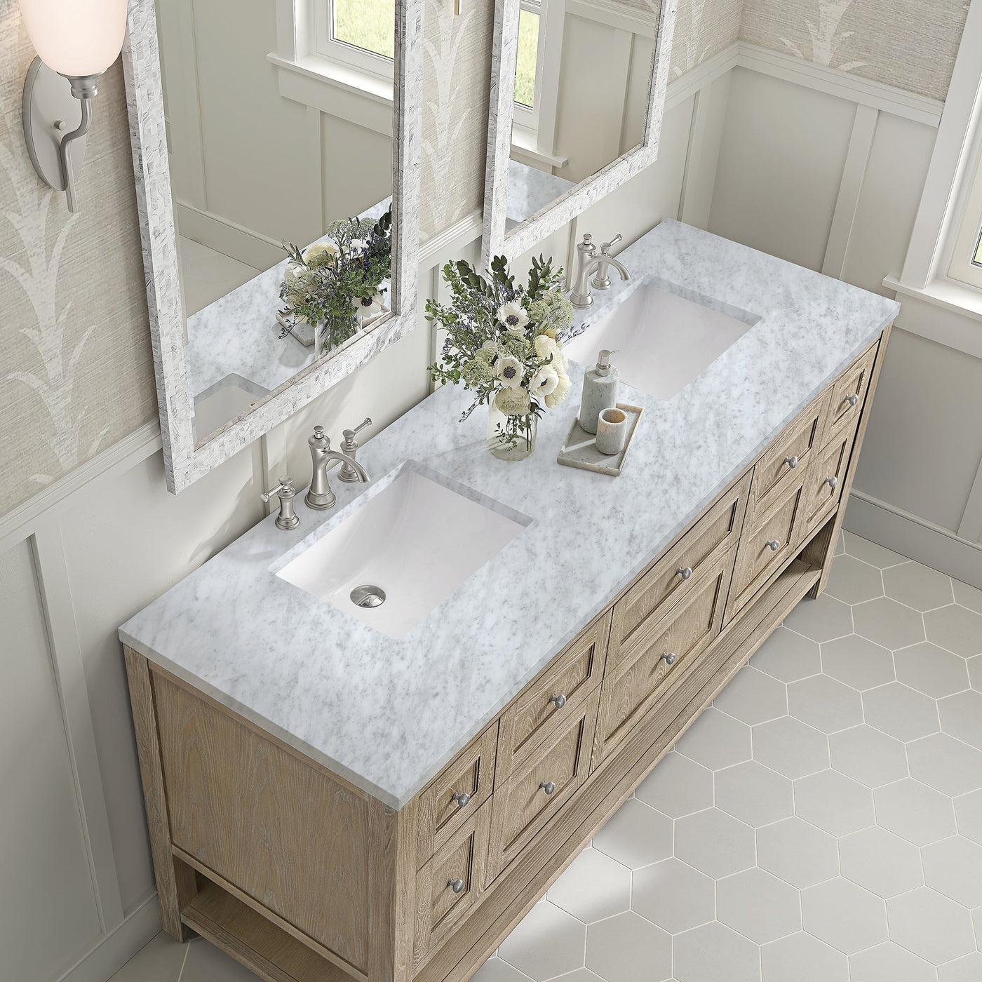 James Martin Breckenridge 72" Double Bathroom Vanity, Whitewashed Oak with Carrara White countertop