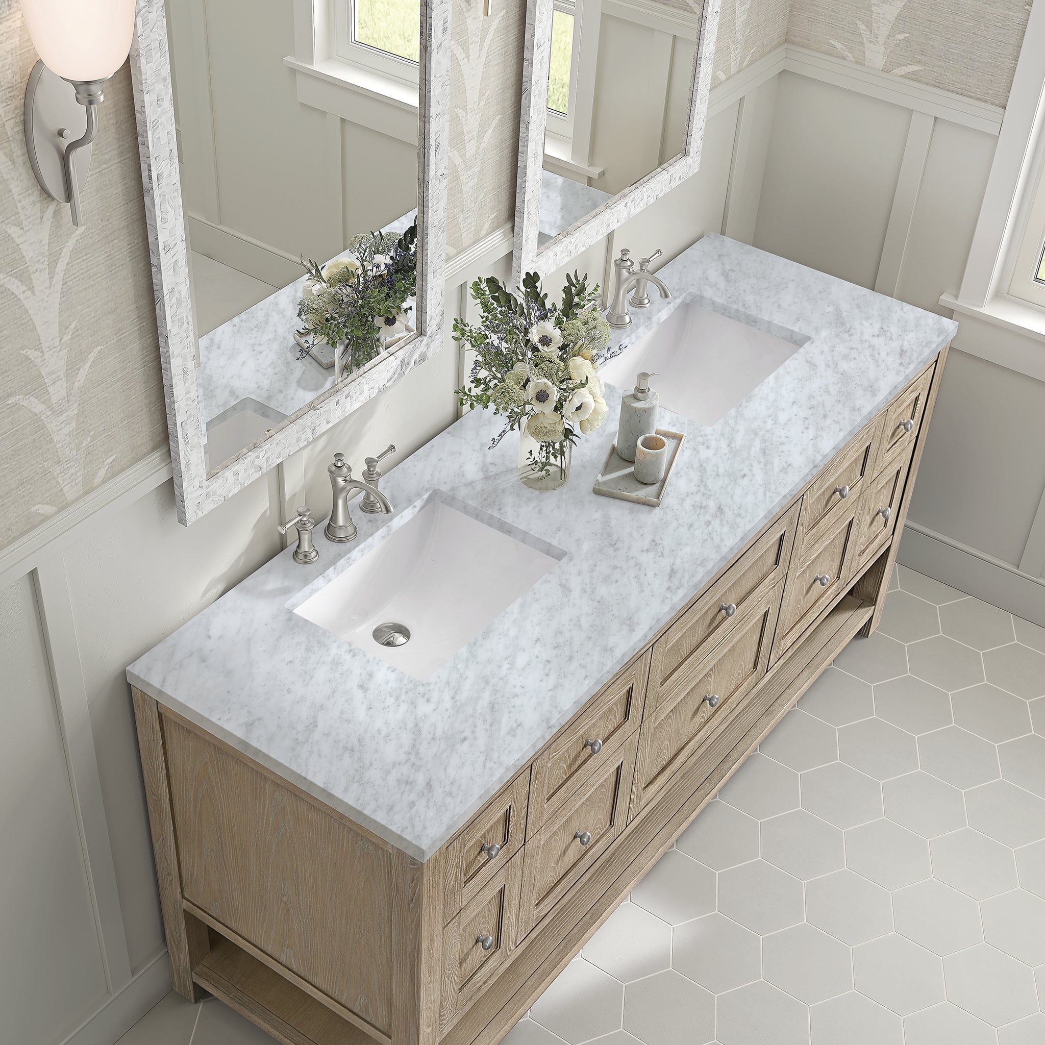 James Martin Breckenridge 72" Double Bathroom Vanity, Whitewashed Oak with Carrara White countertop