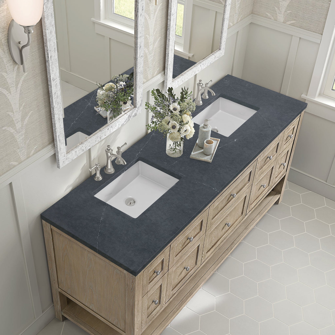 James Martin Breckenridge 72" Double Bathroom Vanity, Whitewashed Oak with Charcoal Soapstone countertop