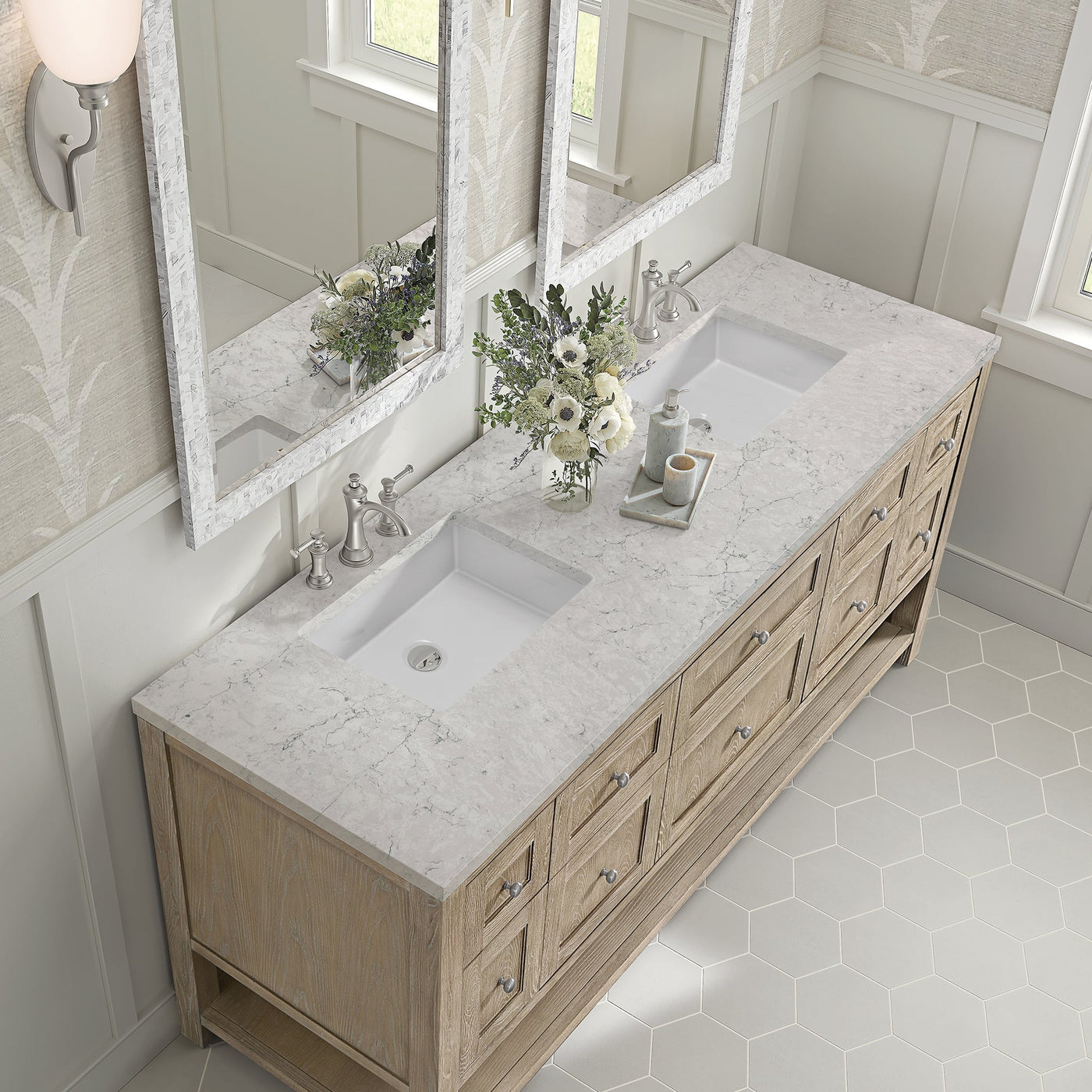 James Martin Breckenridge 72" Double Bathroom Vanity, Whitewashed Oak with Eternal Jasmine Pearl countertop