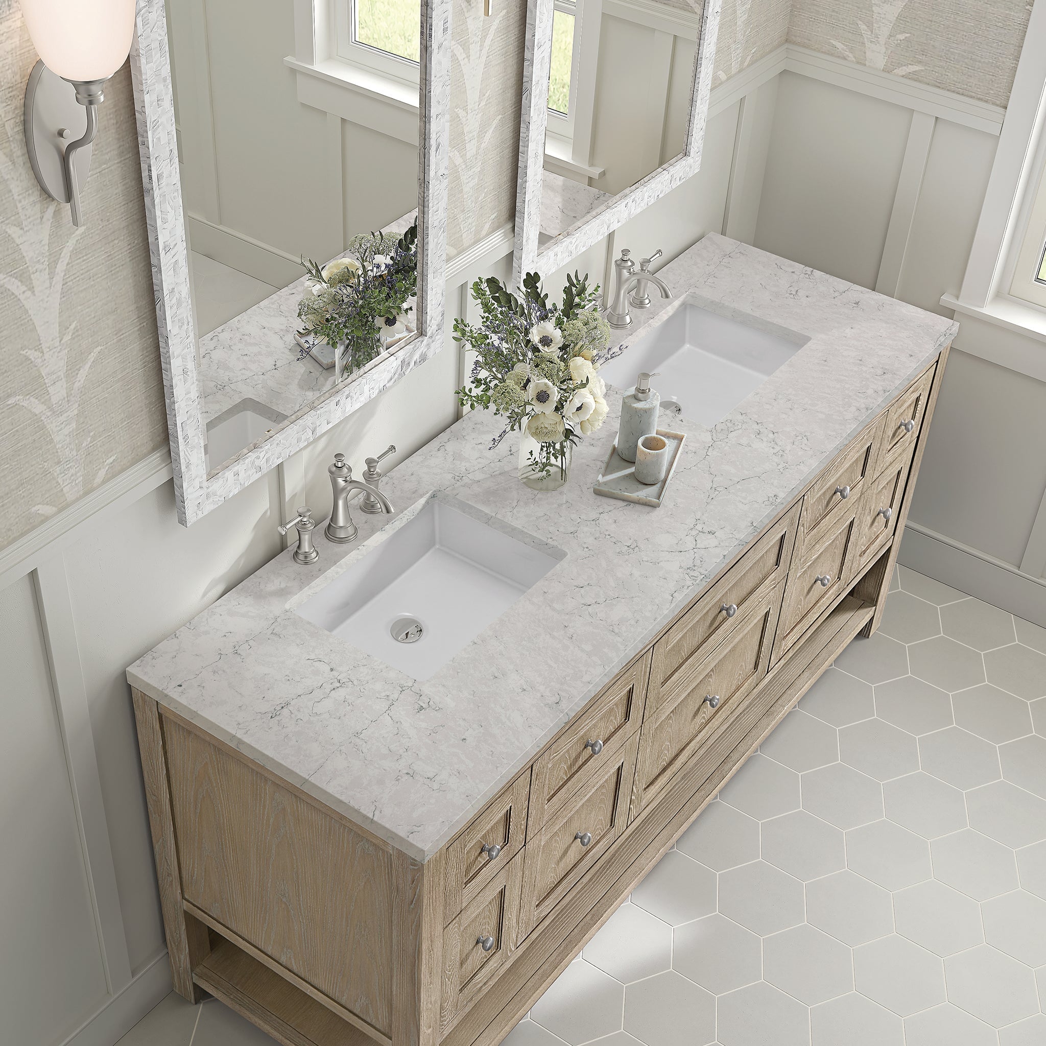 James Martin Breckenridge 72" Double Bathroom Vanity, Whitewashed Oak with Eternal Jasmine Pearl countertop