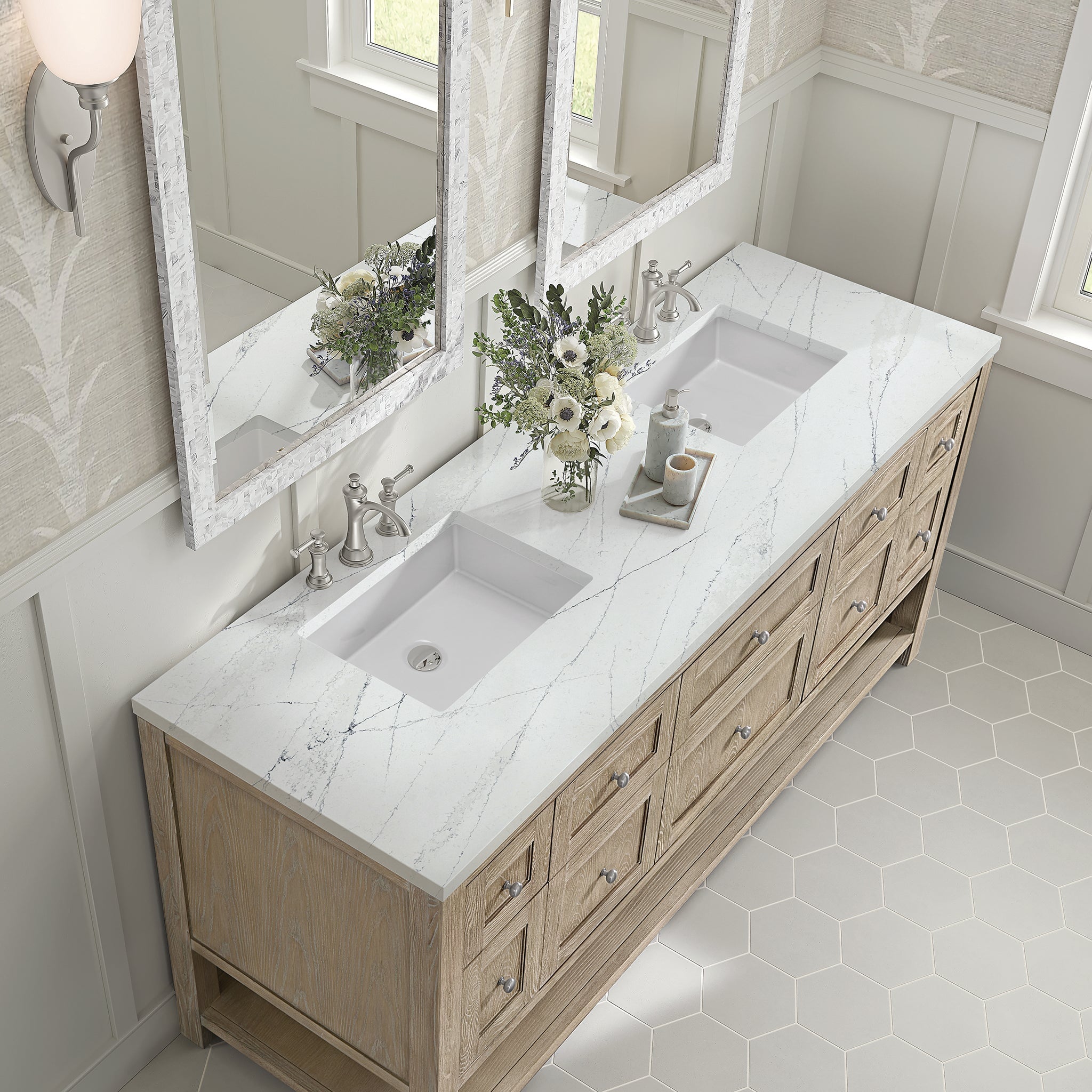 James Martin Breckenridge 72" Double Bathroom Vanity, Whitewashed Oak with Ethereal Noctis countertop