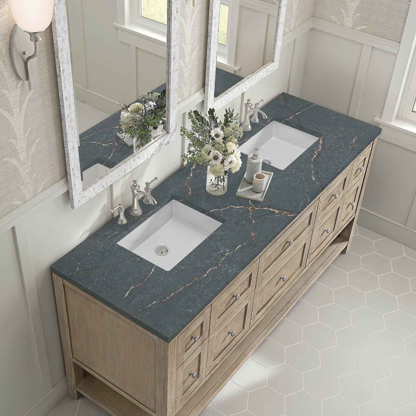 James Martin Breckenridge 72" Double Bathroom Vanity, Whitewashed Oak with Parisien Bleu countertop