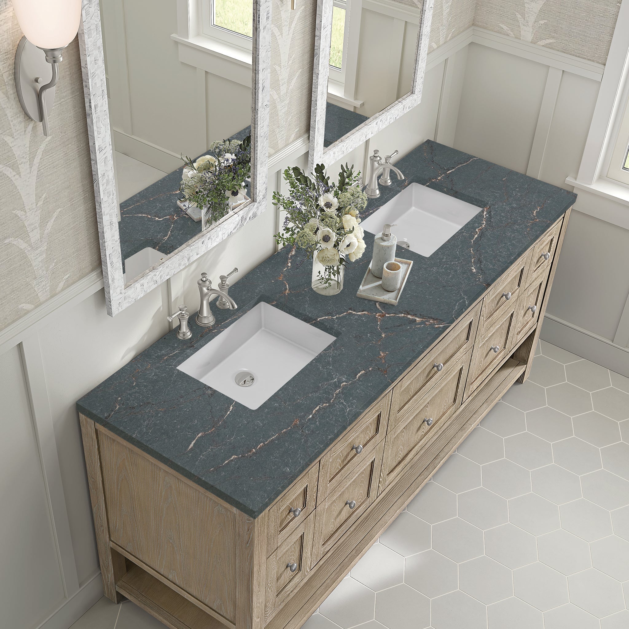 James Martin Breckenridge 72" Double Bathroom Vanity, Whitewashed Oak with Parisien Bleu countertop